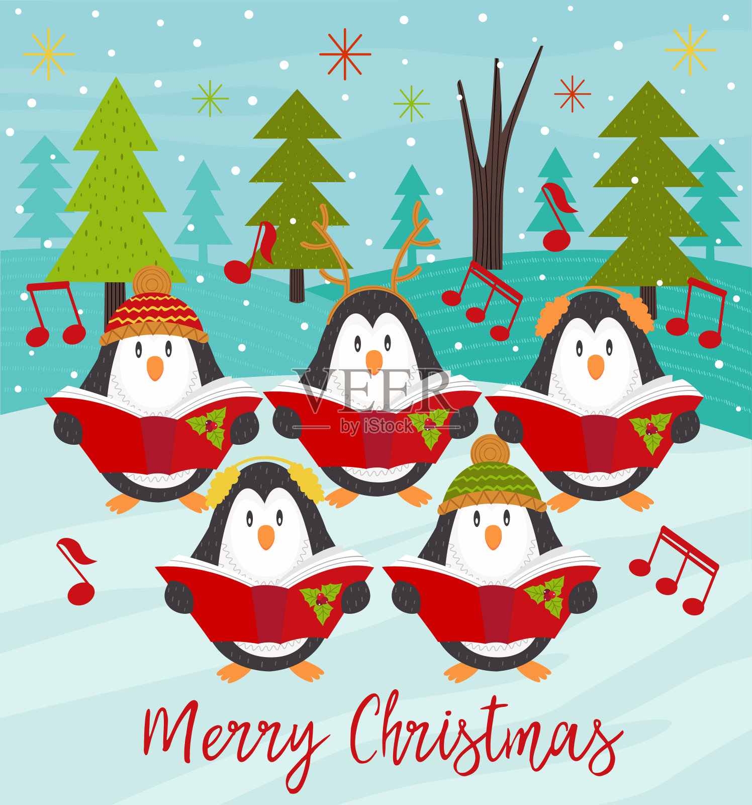 企鹅合唱团圣诞贺卡插画图片素材