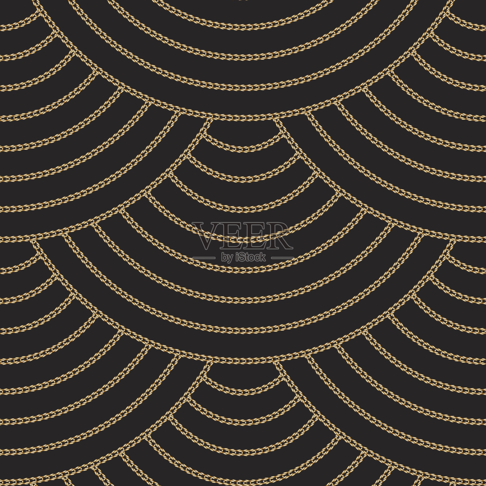 抽象无缝图案由金色编织的环和链在黑色的背景扇形装饰元素按比例顺序排列。墙纸，包装纸，印花织物，蜡染插画图片素材