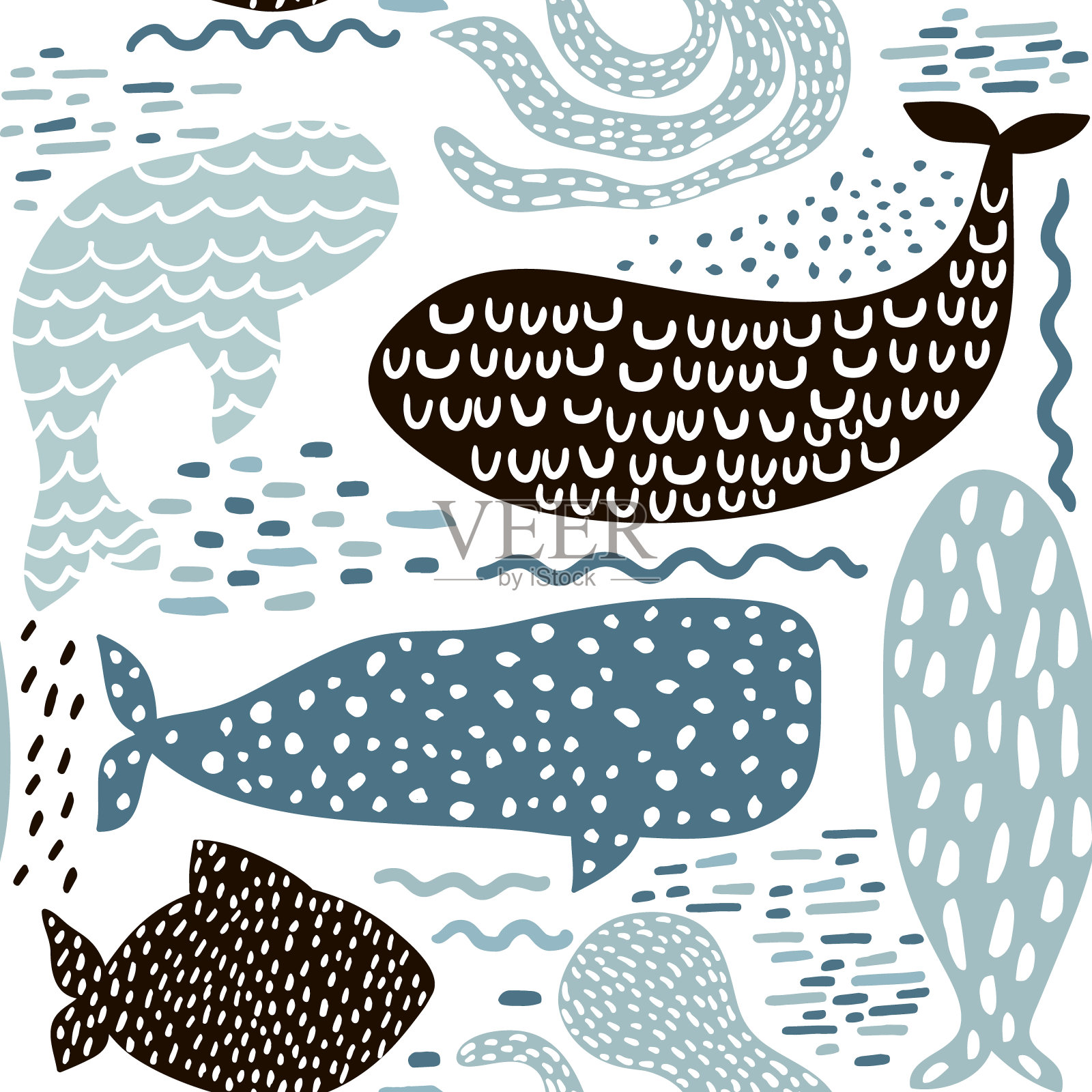 无缝图案与海洋动物毛皮海豹，鲸鱼，章鱼，鱼。用于织物、纺织品的幼稚纹理，色彩柔和。向量的背景背景图片素材