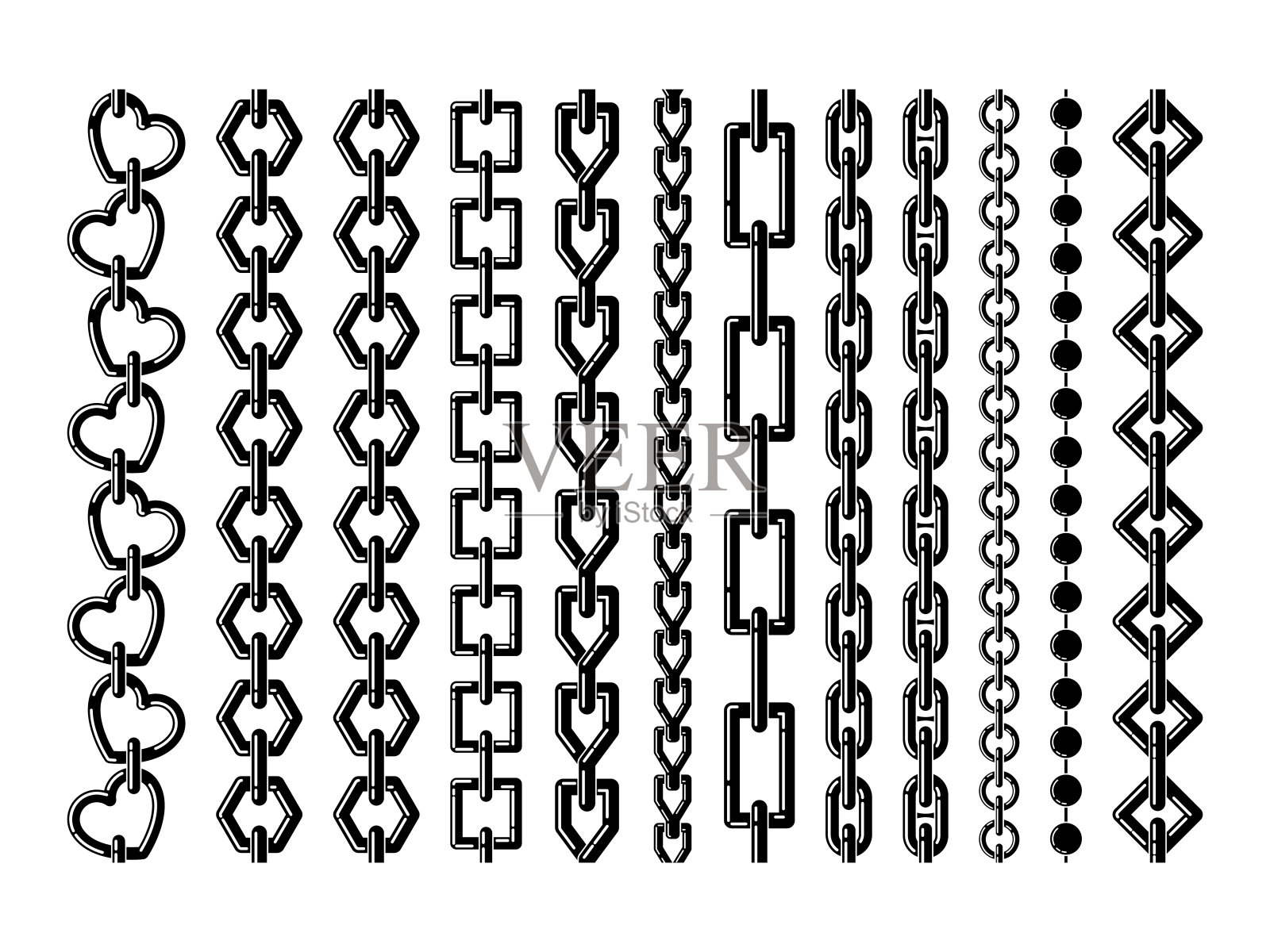 不同钢链的轮廓孤立在白色上。矢量单色无缝集插画图片素材