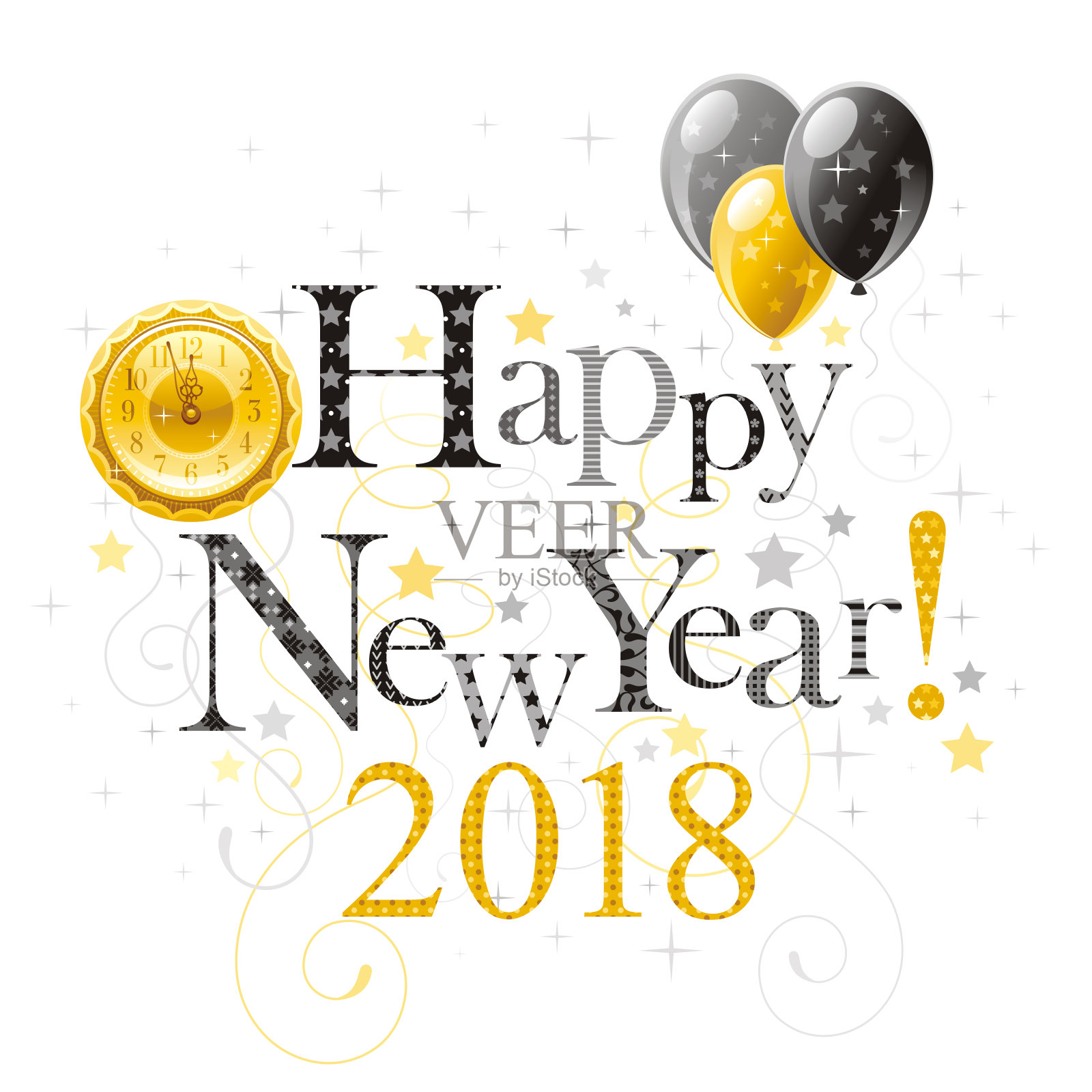 2018年新年快乐。带有时钟和气球的矢量海报。抽象节日设计模板。复古符号图案，文字文字横幅。银色的金黄色。在白色背景上隔离设计模板素材