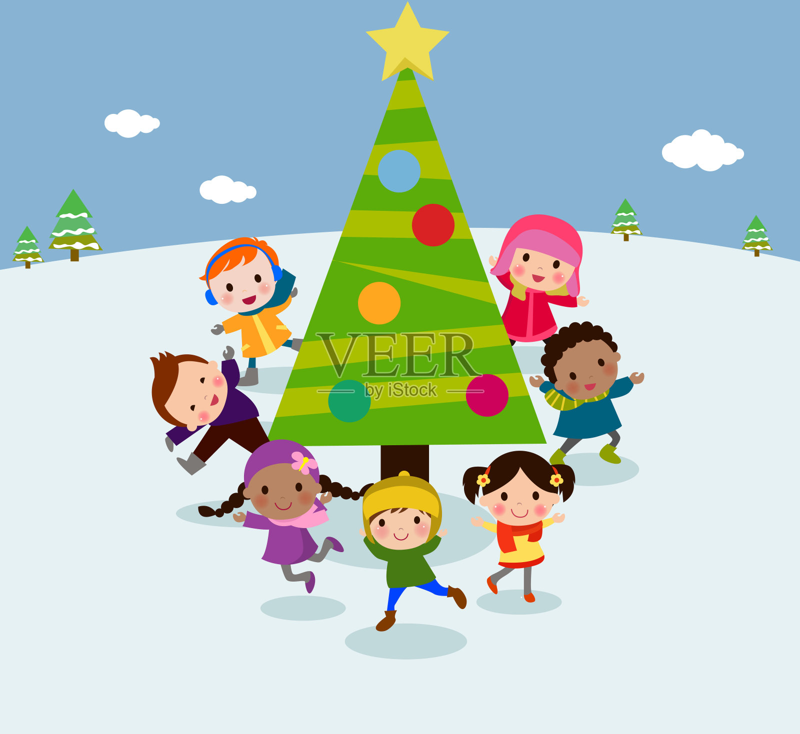 孩子和圣诞树插画图片素材