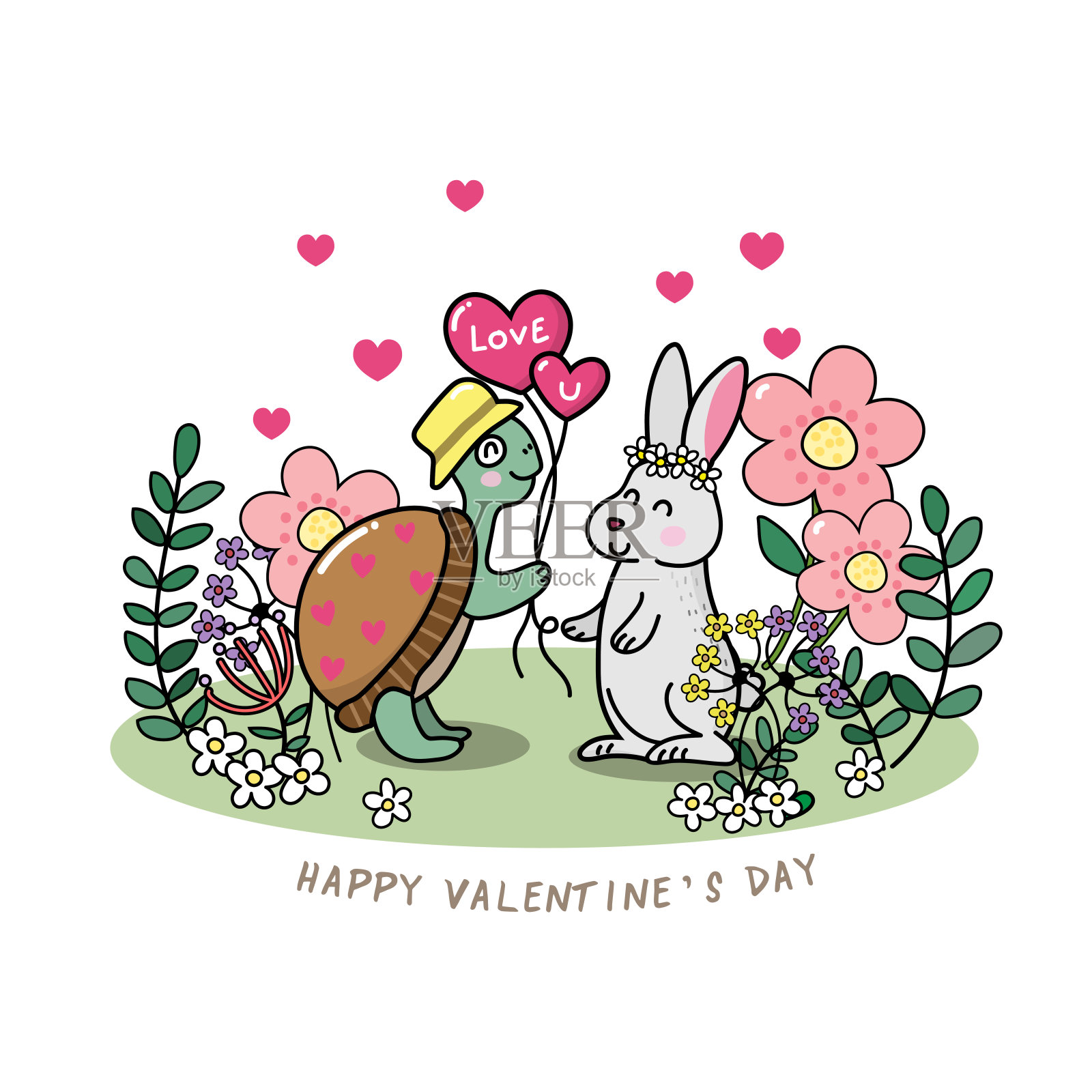 可爱的乌龟和兔子的情人节贺卡。向量和背景插画图片素材