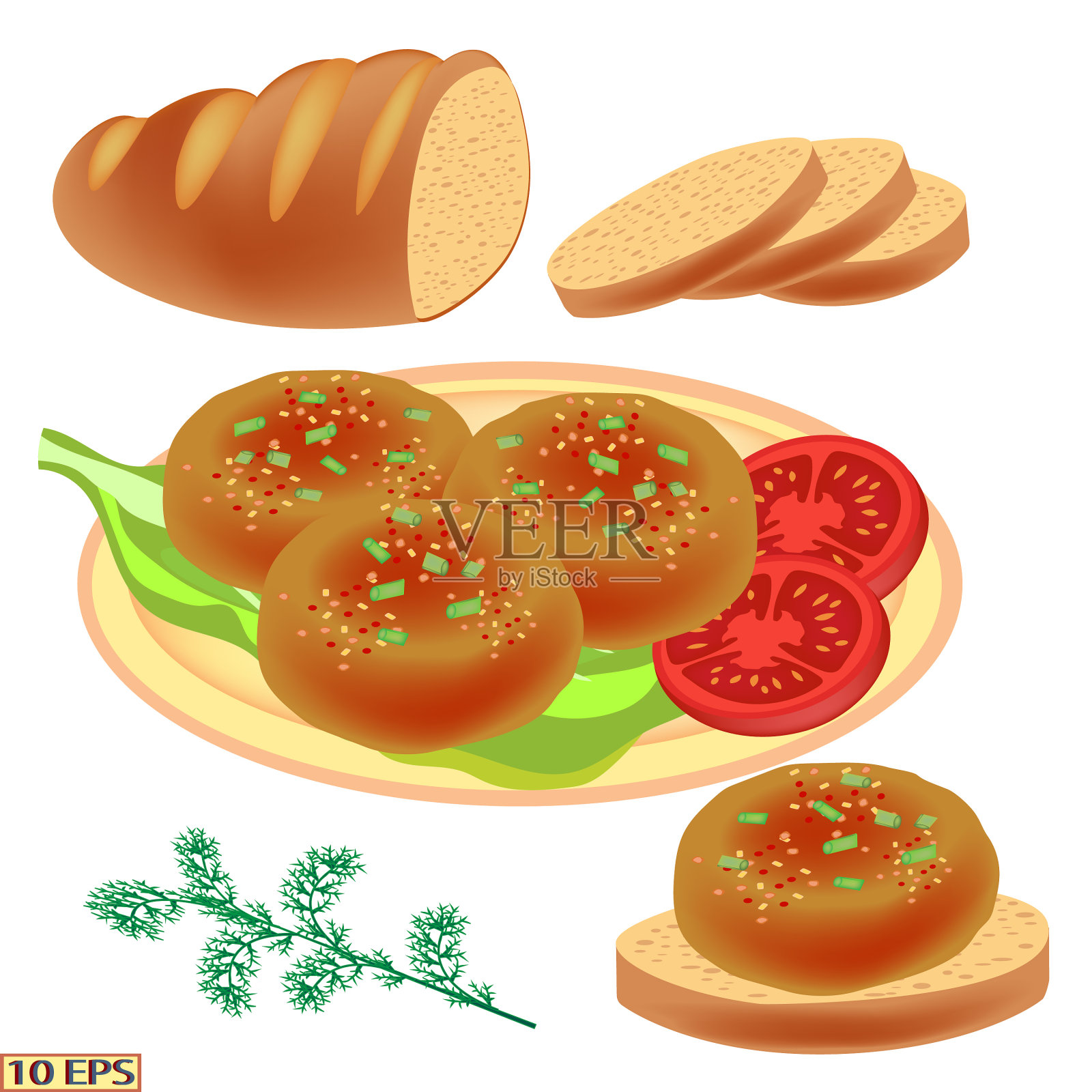 肉丸砂面包。炸肉丸和西红柿。向量插画图片素材