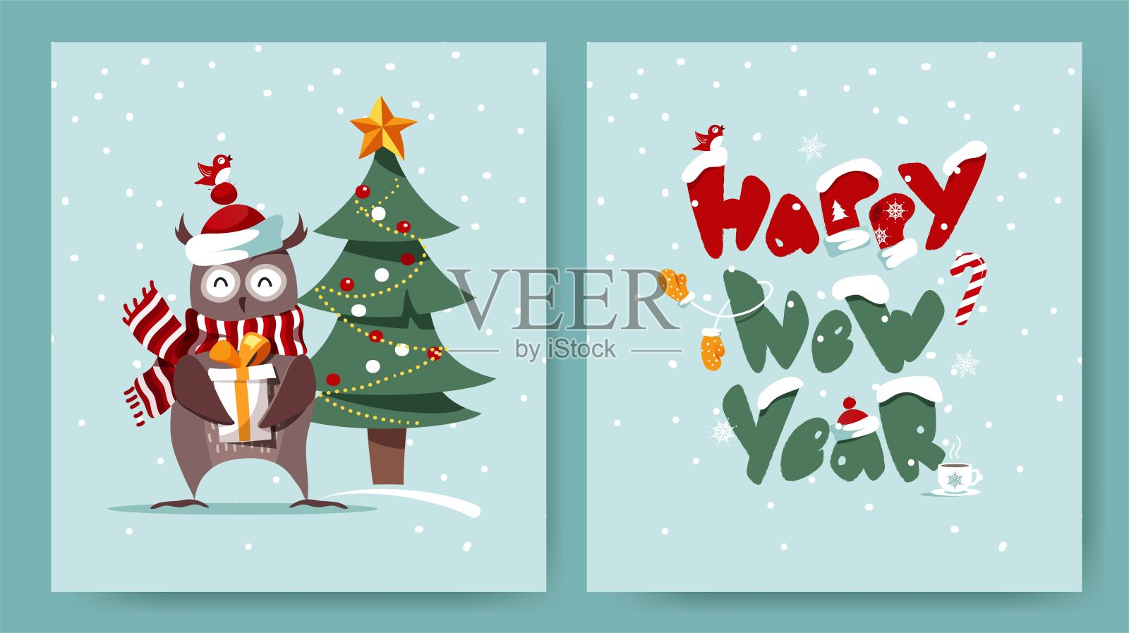 一套圣诞和新年贺卡可爱的猫头鹰，圣诞树和排版设计。设计模板素材