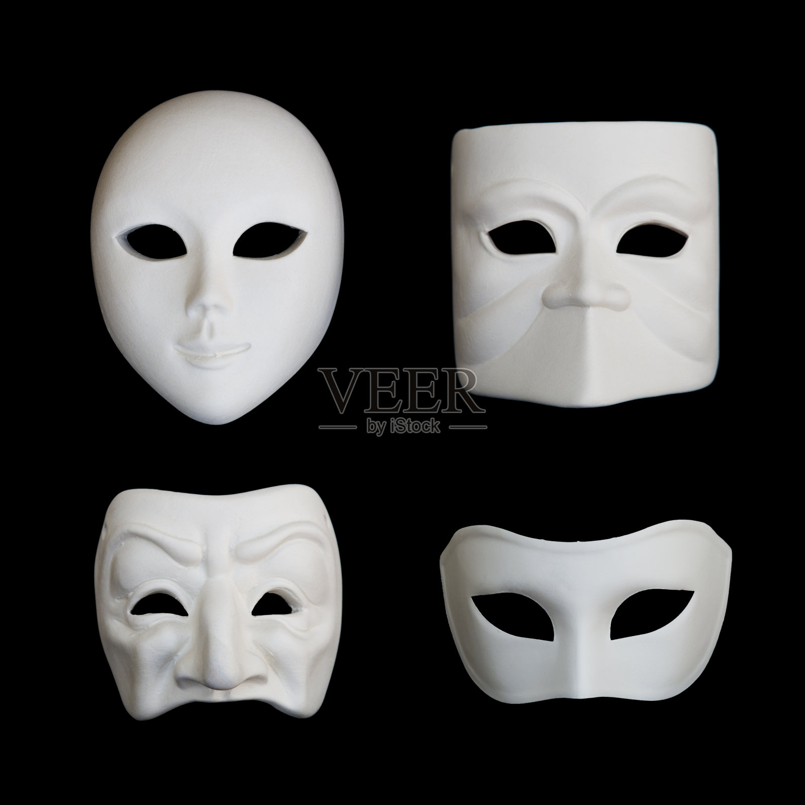 四套白色威尼斯狂欢节面具在黑色背景，集1照片摄影图片