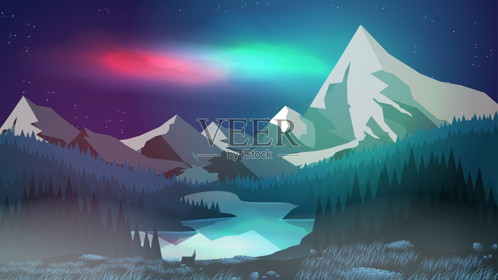 松林与山湖在晚上，极光矢量插图插画图片素材