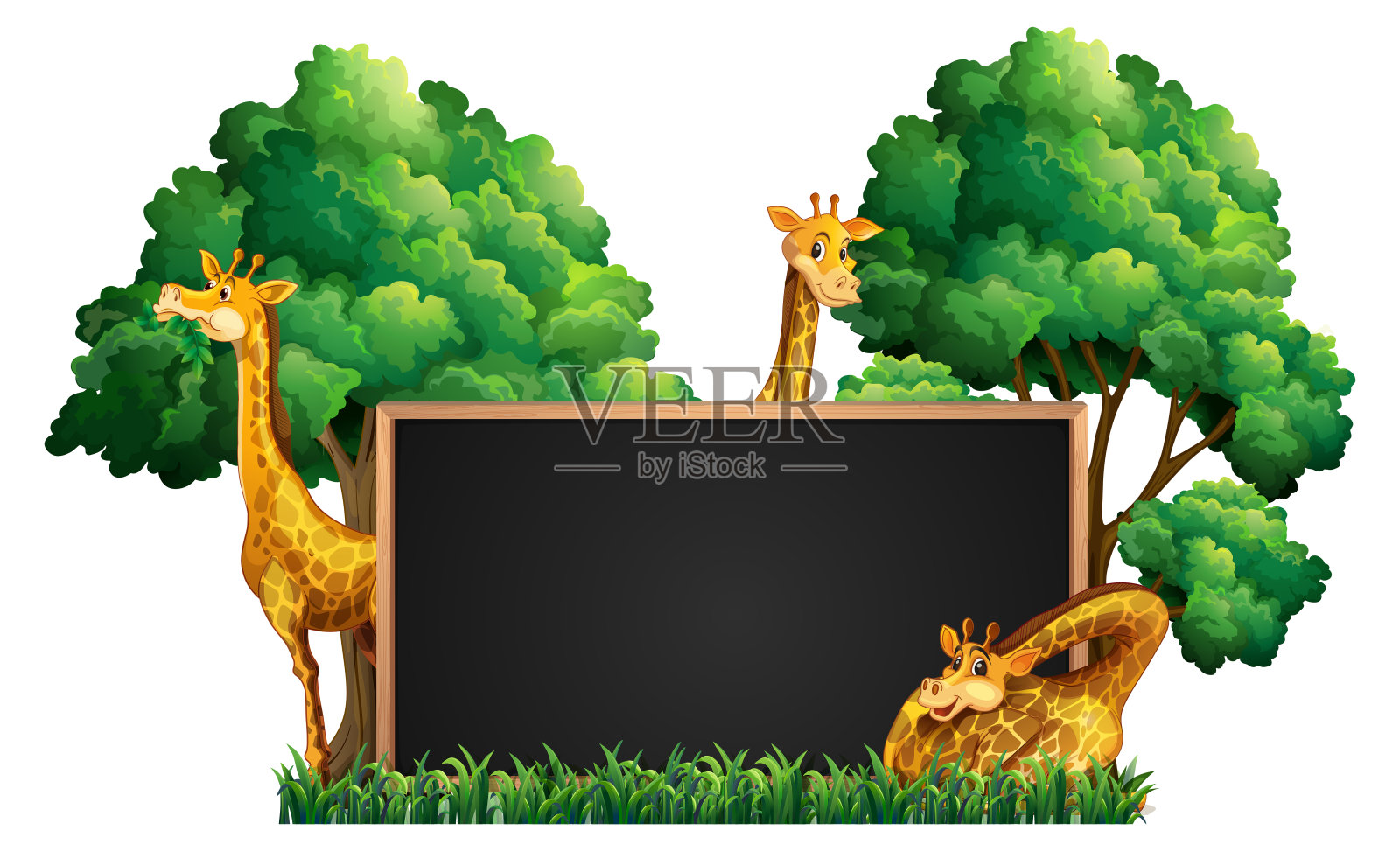 公园里有野生长颈鹿的黑板插画图片素材