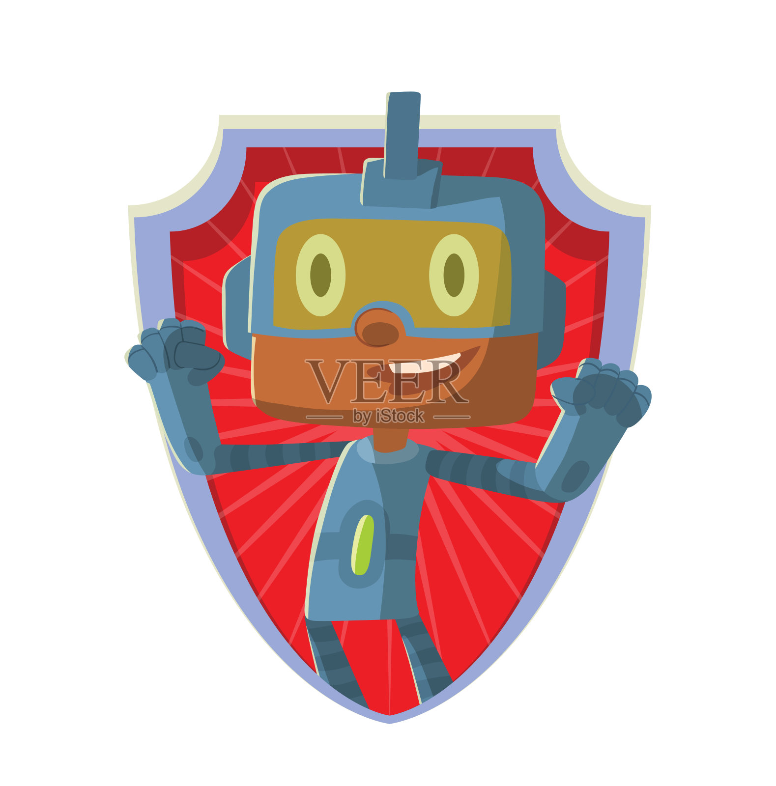一个穿着蓝色机器人超级英雄服装的有趣小男孩插画图片素材