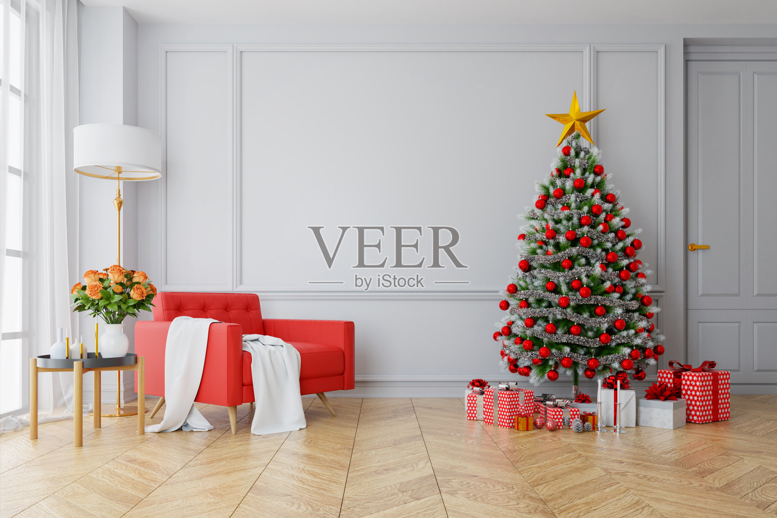 圣诞树装饰在现代的客厅，红色的沙发在白色的墙壁和木地板上，在家里为节日，3d渲染照片摄影图片