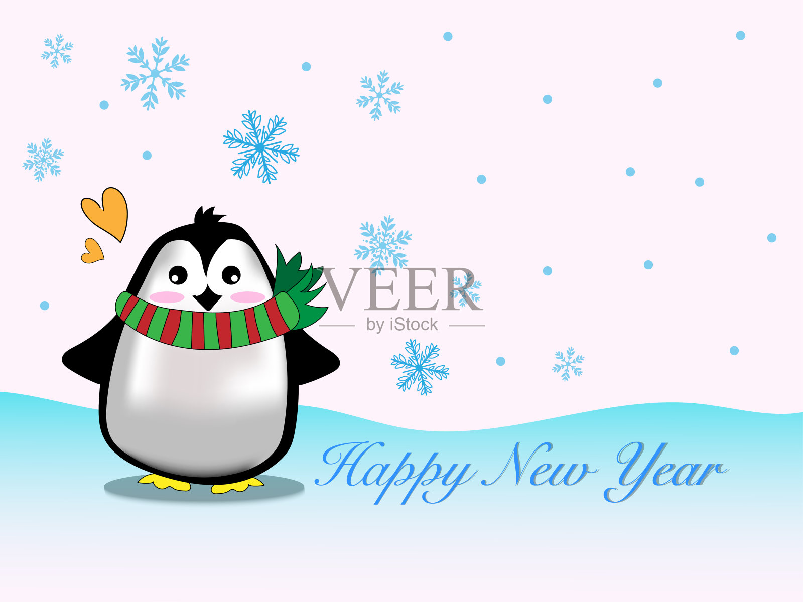 矢量和插图可爱的企鹅穿着圣诞主题布和围巾站在北极的冰山与蓝色雪花和雪花的背景，为圣诞节，冬季新年插画图片素材