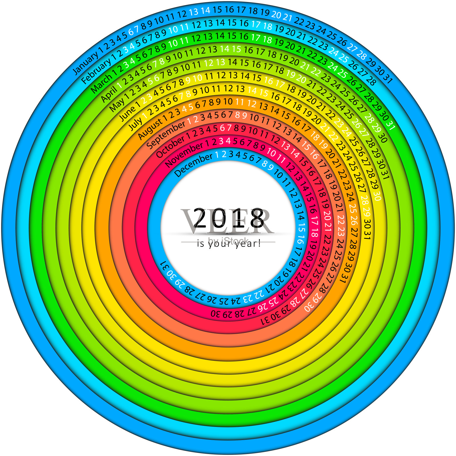 简单的月和日2018日历。矢量彩色漩涡形状。设计模板素材