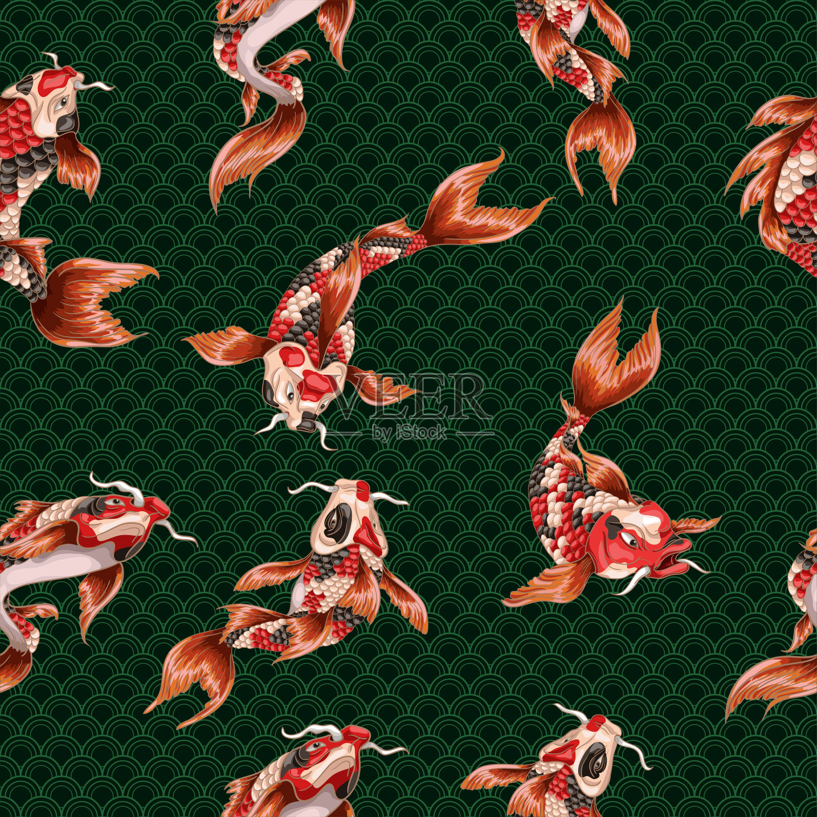 无缝图案与日本鲤鱼鲤鱼和波浪在几何背景。插画图片素材