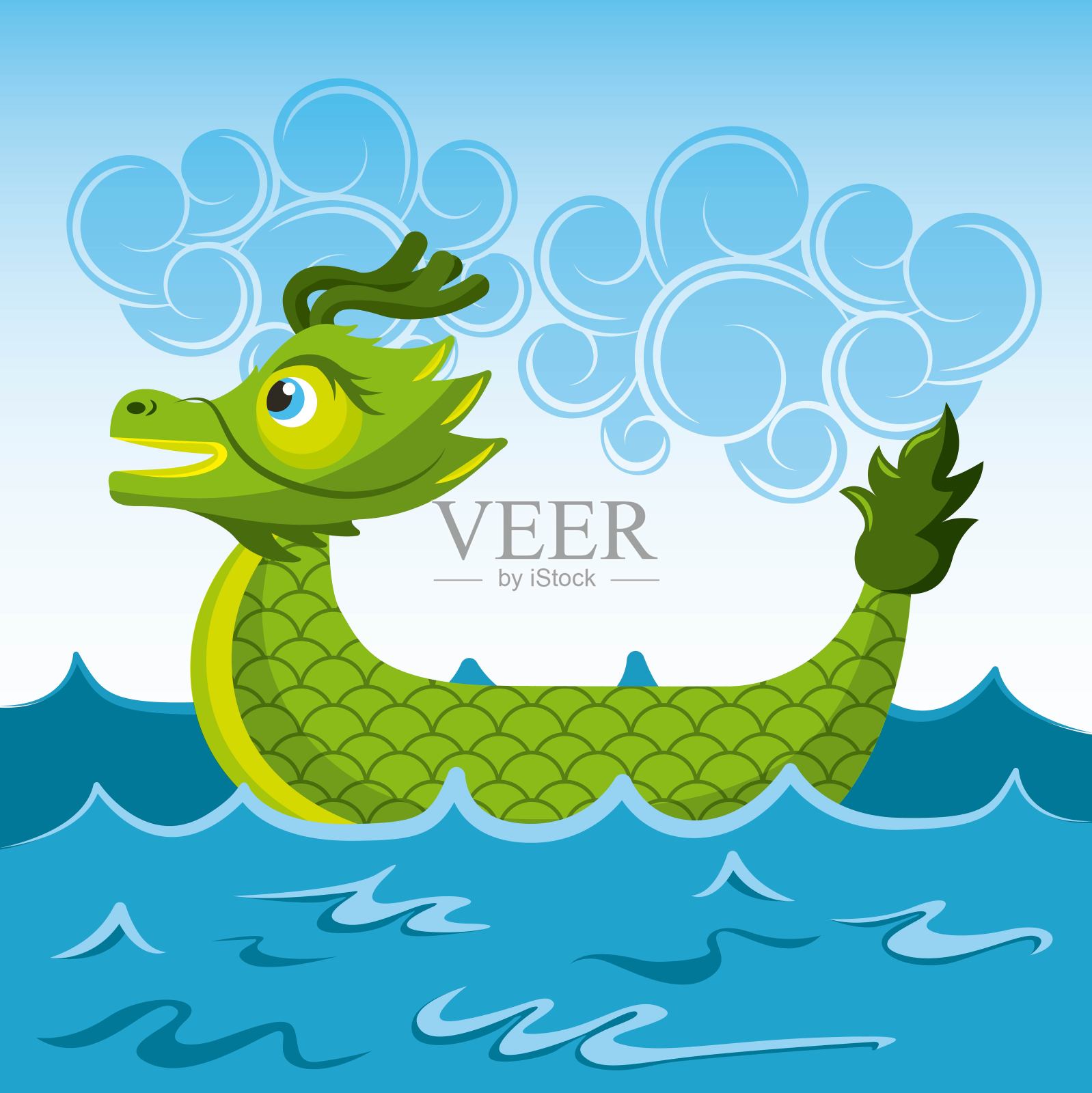 绿龙中国船海卡通插画图片素材
