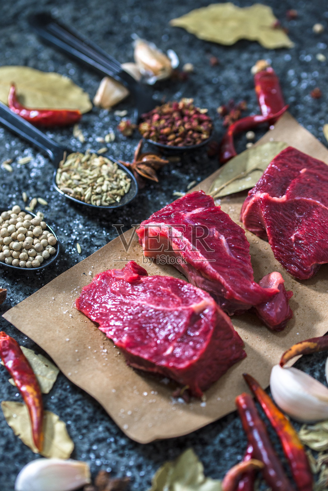 生肉。生牛排放在切菜板上，加入迷迭香和香料。照片摄影图片