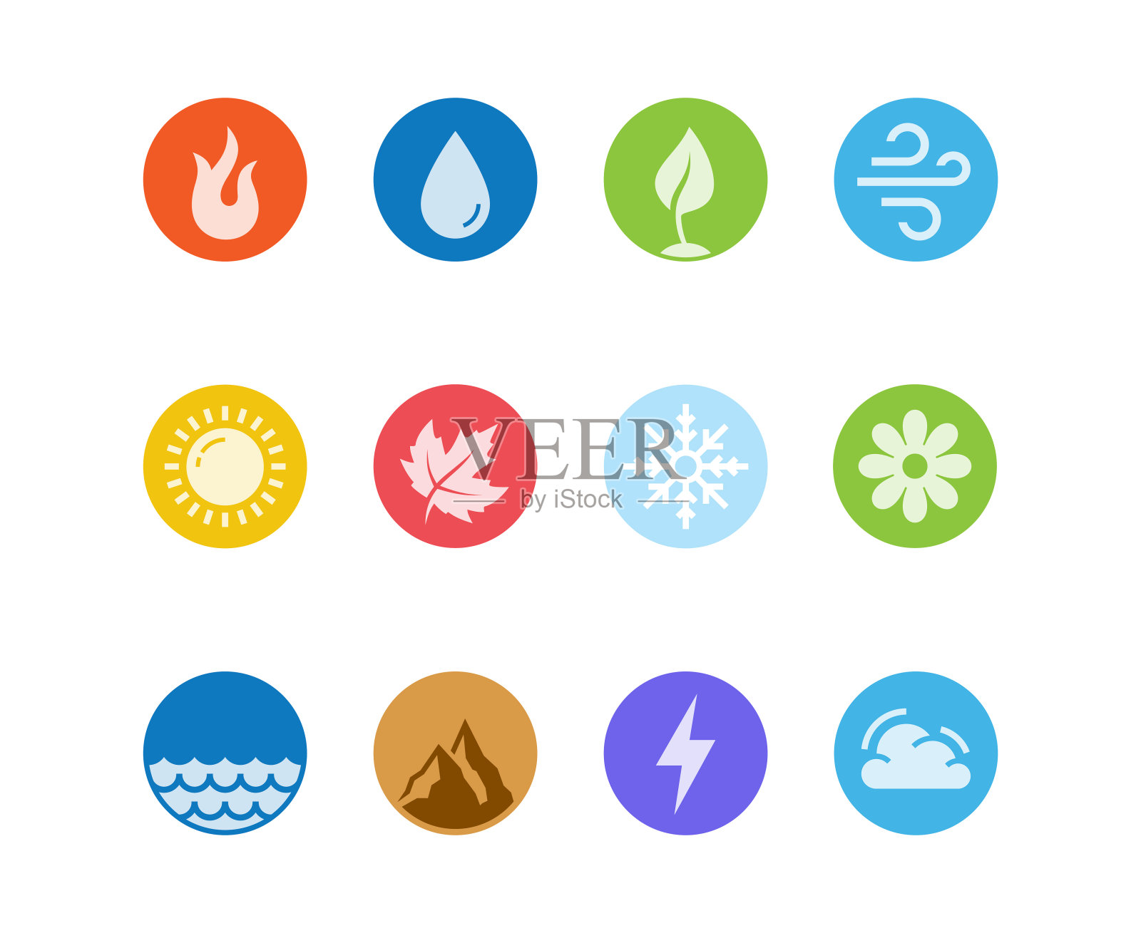 矢量圆形图标集火，水，土和空气元素和季节在平面设计风格图标素材