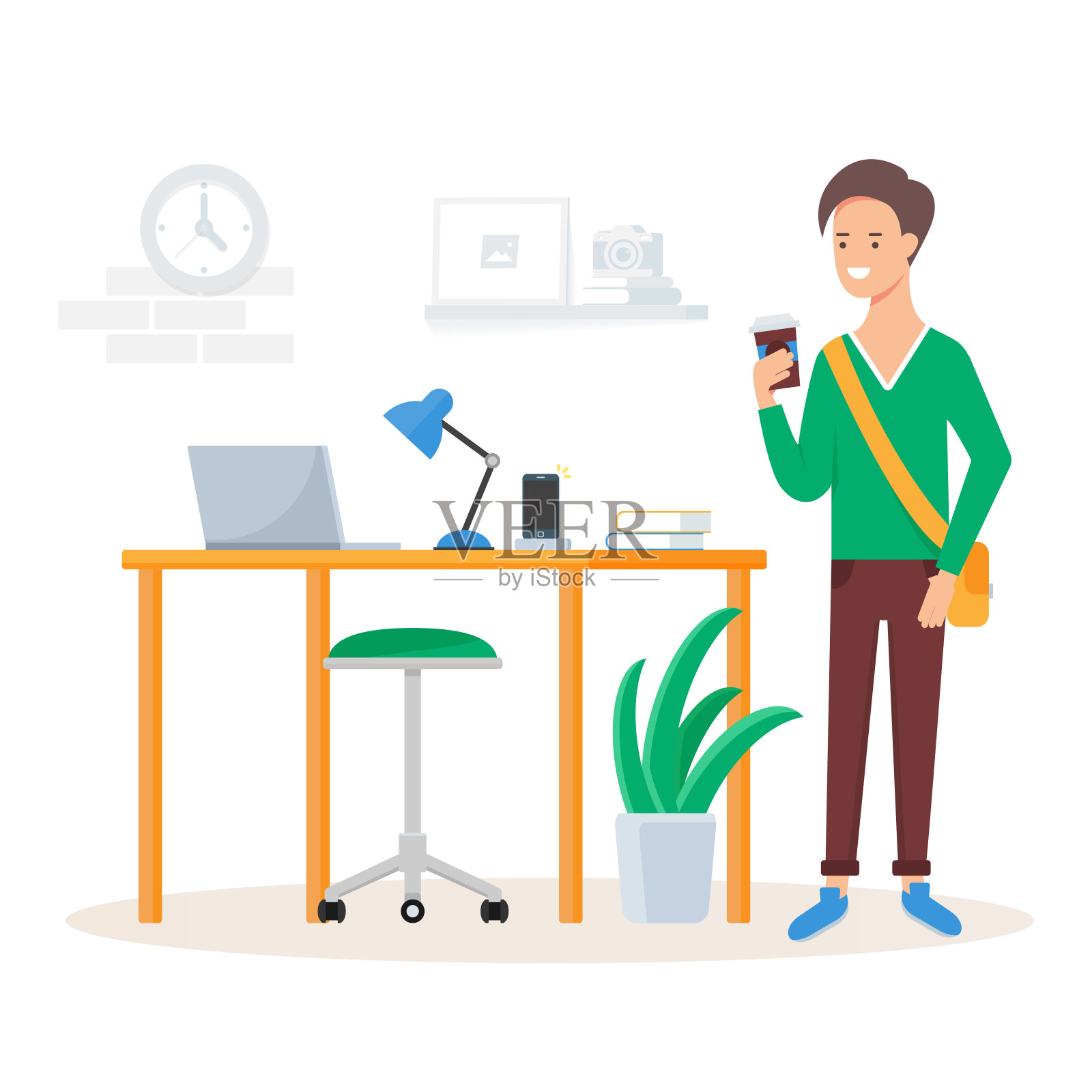 矢量插图的一个员工喝咖啡和站在他的工作场所附近。工作时间，休息时间插画图片素材