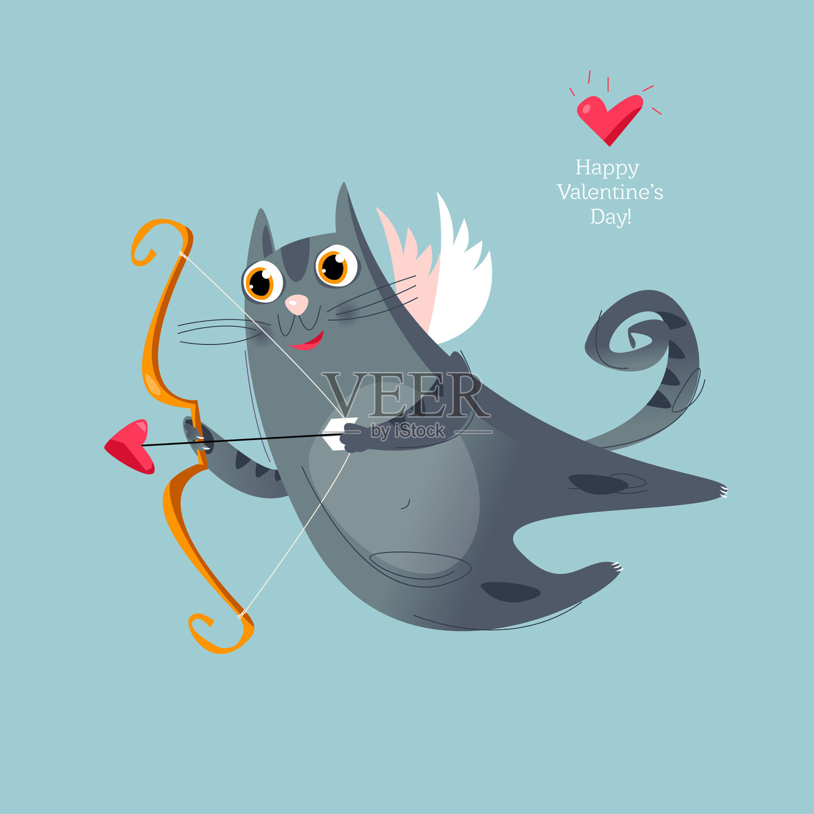 一只飞着的丘比特猫拿着弓和箭。情人节快乐。设计模板素材