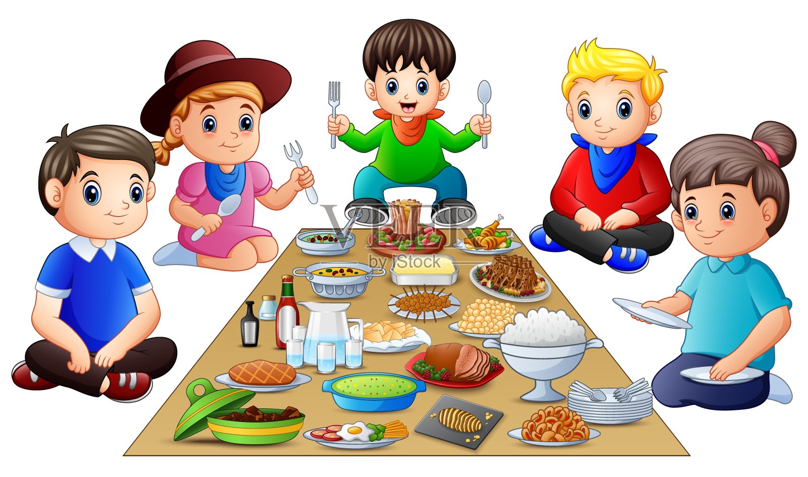 幸福的家庭聚餐在白色的背景孤立插画图片素材
