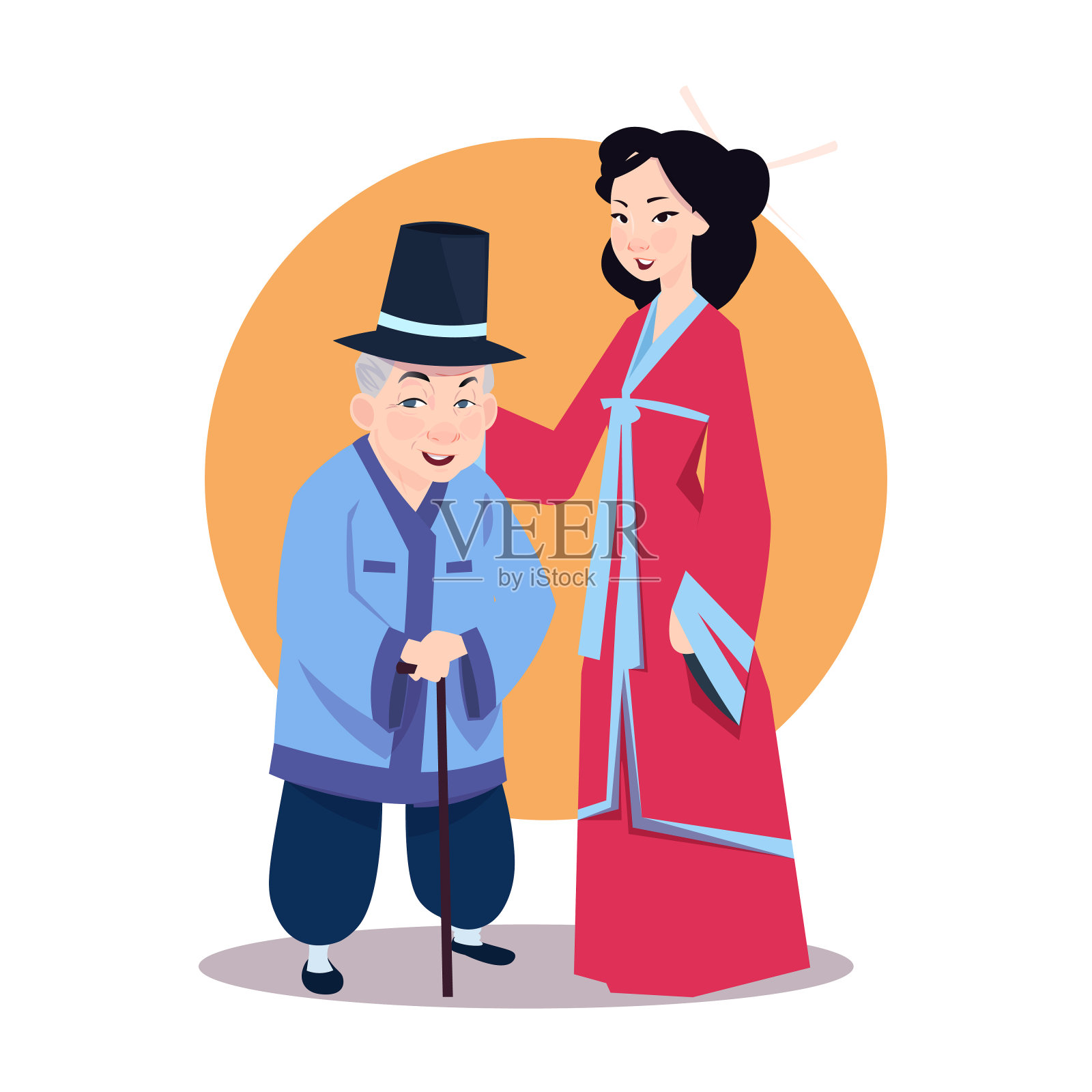 亚洲老人和年轻女子在日本和服韩国人物穿着传统服装插画图片素材