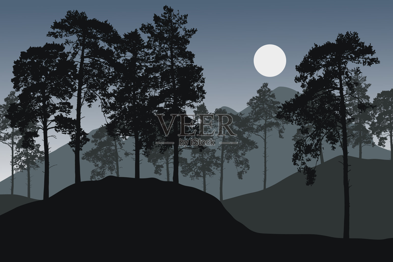高山景观中有升起的太阳或月亮的松树林矢量图插画图片素材