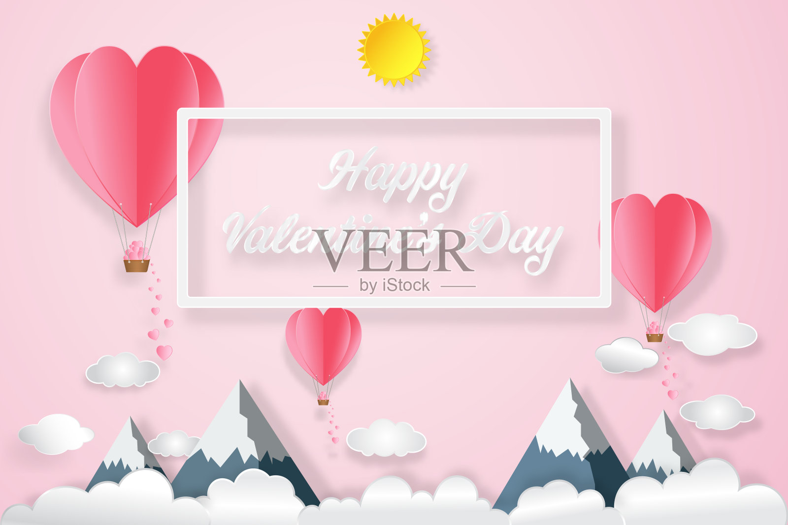 热气球和心形，阳光下的粉红色天空为爱的背景，情人节在2月14日，婚礼和纸艺术概念。矢量插图。设计模板素材