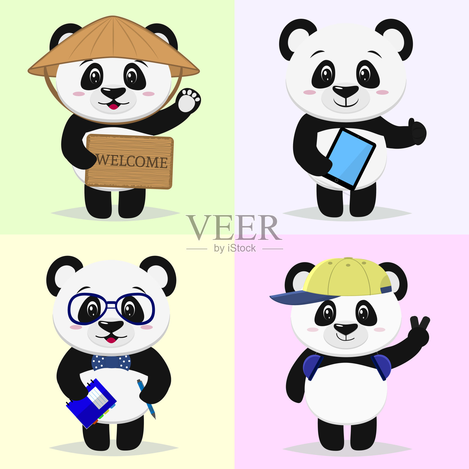 一组可爱的熊猫人物在不同的图像风格的卡通插画图片素材