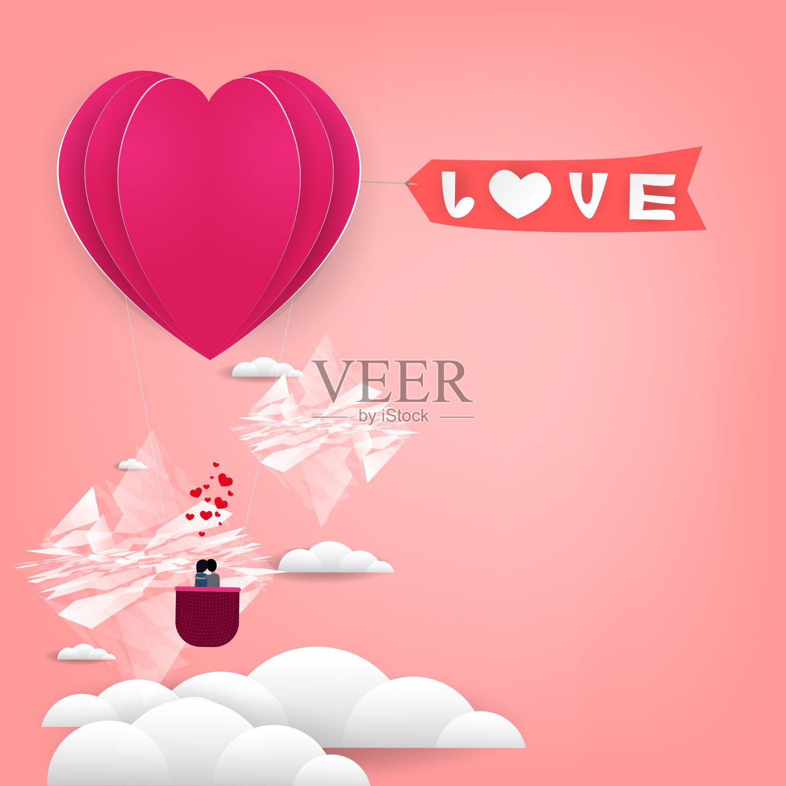 红色和粉色气球心形纸与情人在粉红色的天空背景与女人和男人和爱的信息设计，情人节，矢量插图插画图片素材