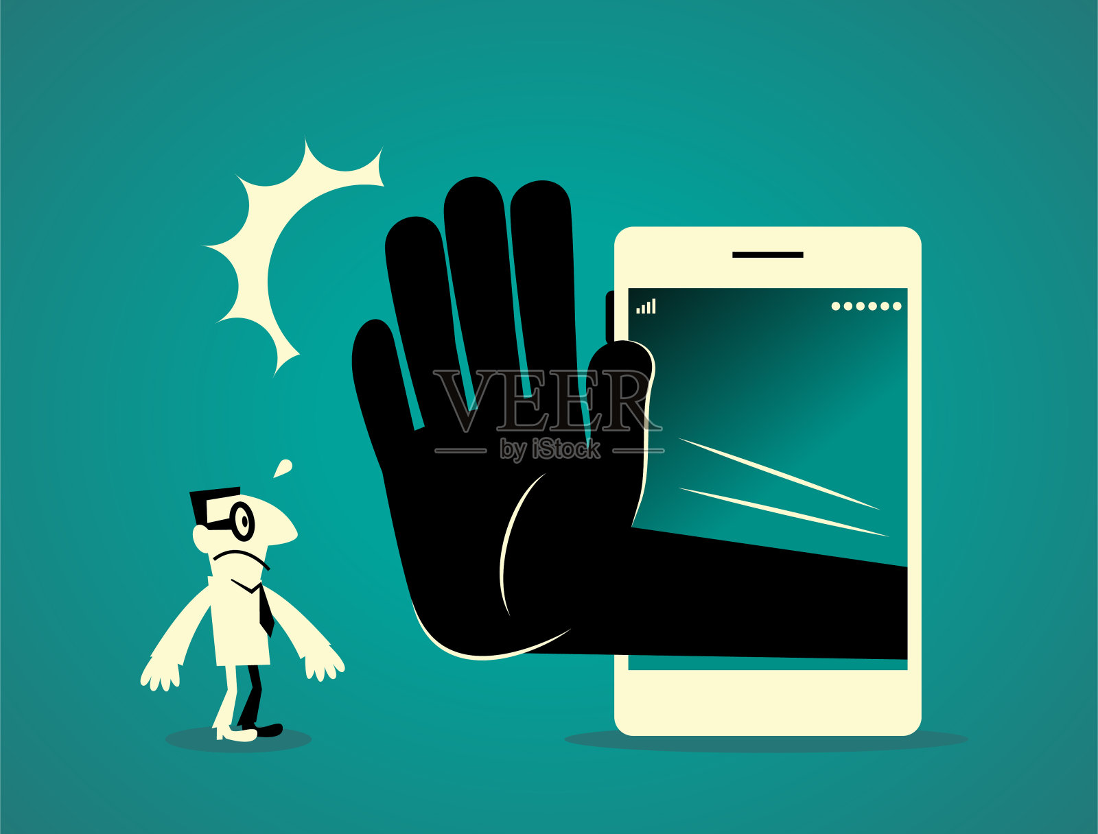 商人站在一个大的智能手机前，用一只大手做着停止的手势(不是!)插画图片素材