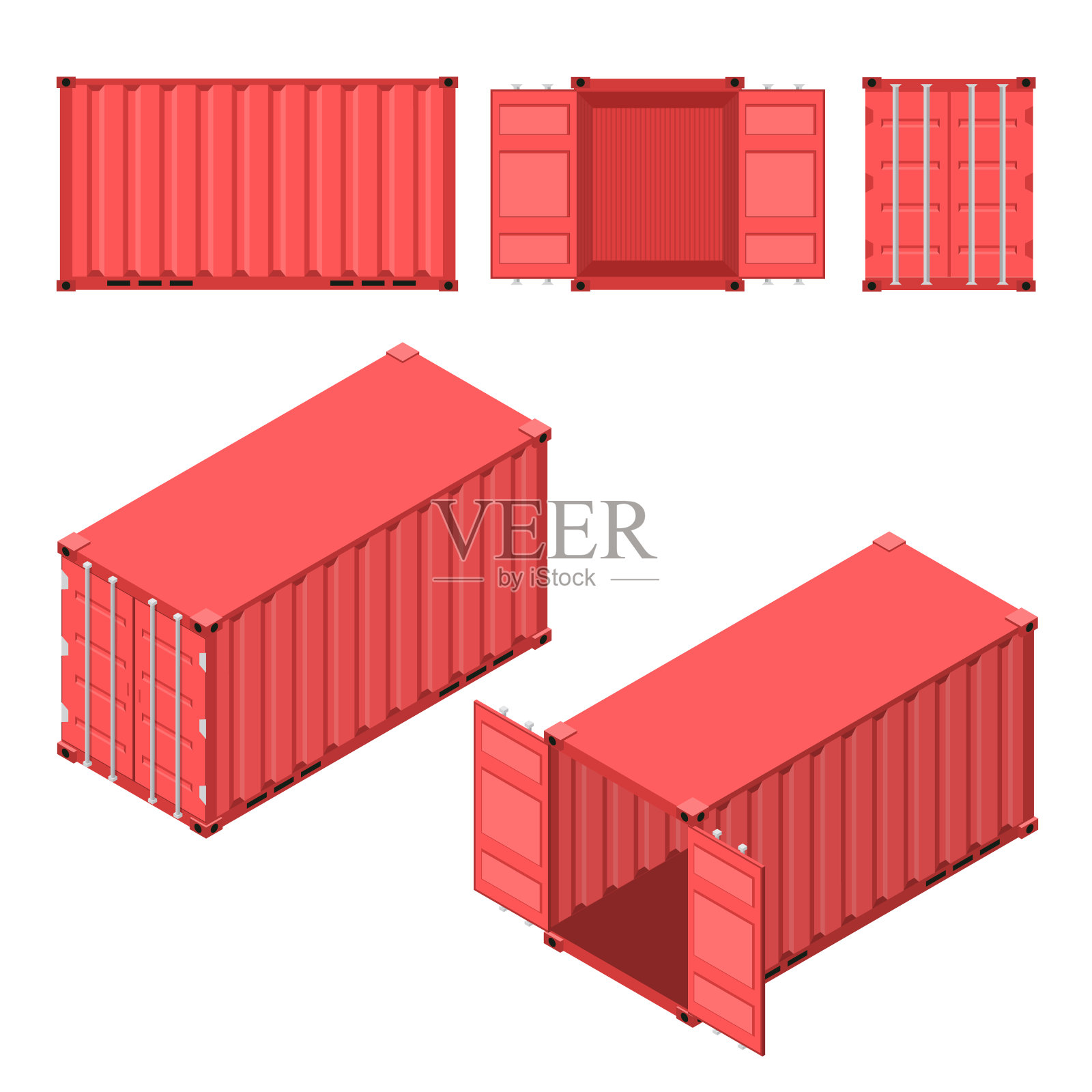 红色集装箱。平面和等距样式。插画图片素材