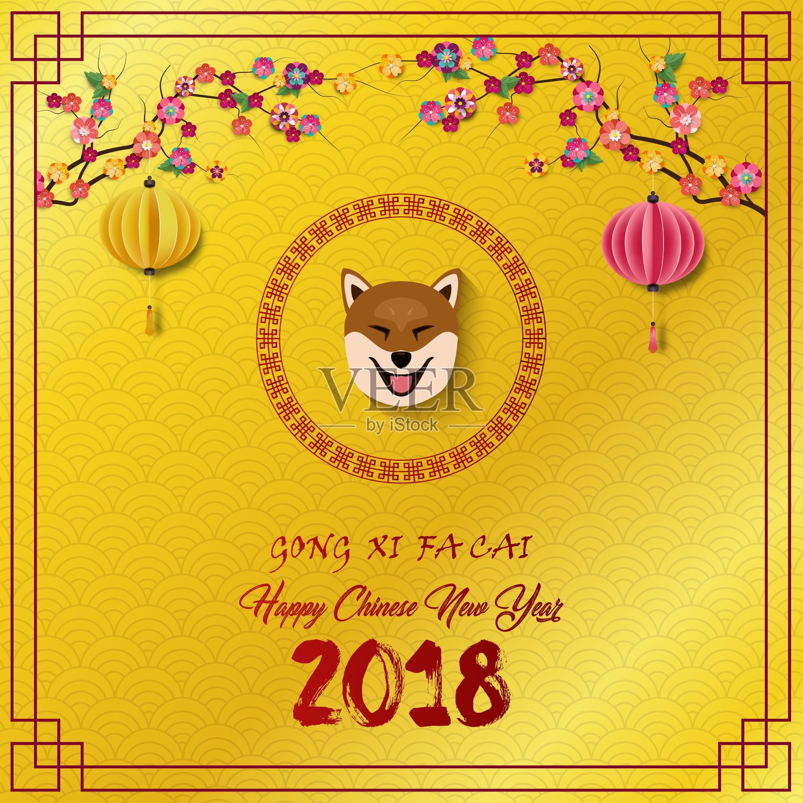 2018年中国新年贺卡，狗在框架和悬挂中国灯笼在樱桃树枝设计模板素材