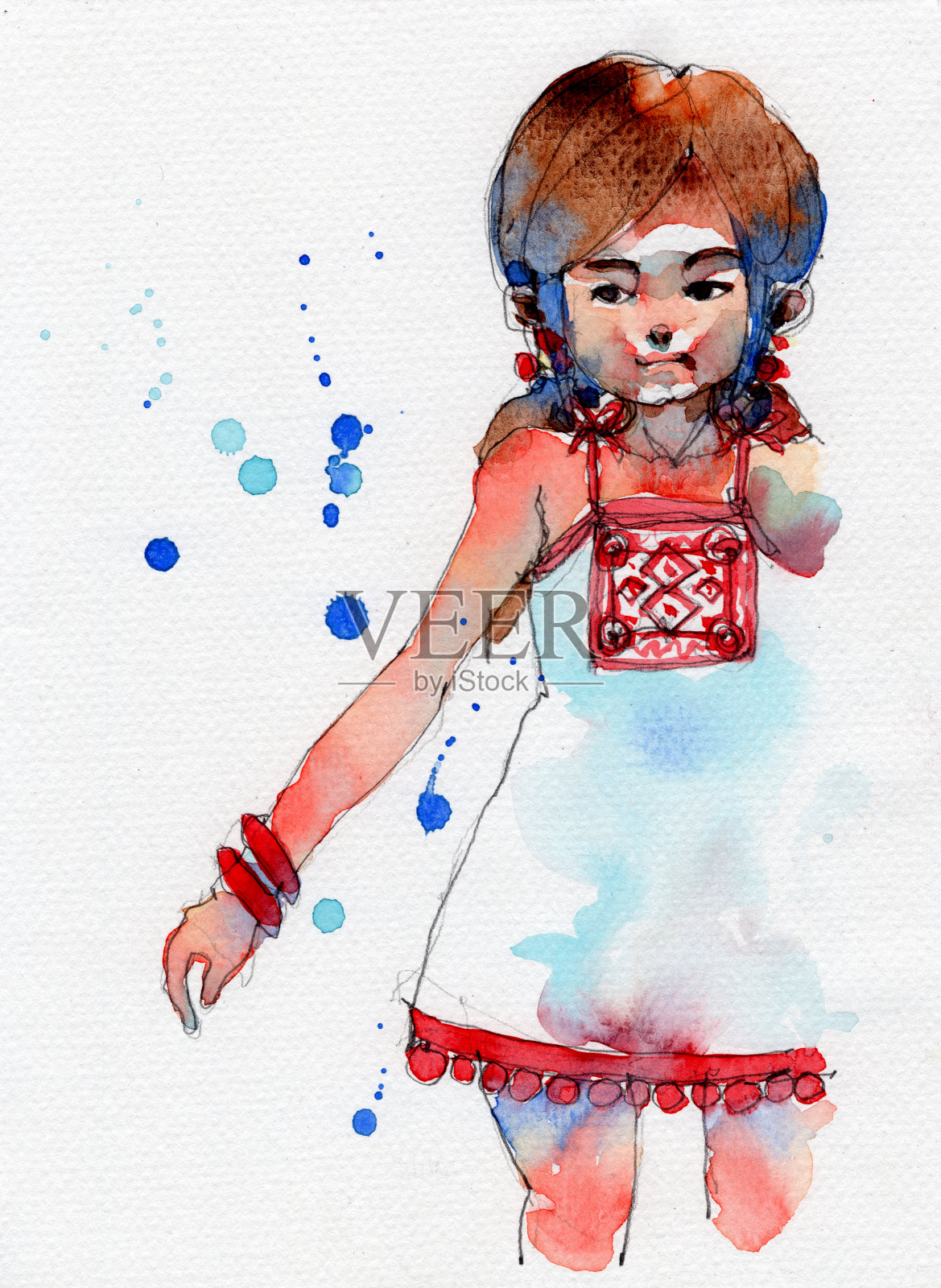 水彩画插图的女孩在白色苗族服装，手绘在纸上插画图片素材