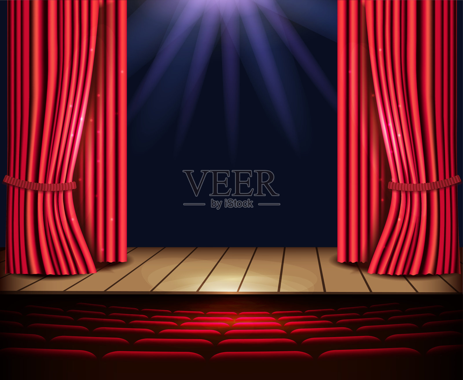 有红幕、聚光灯和座位的剧场舞台。插画图片素材