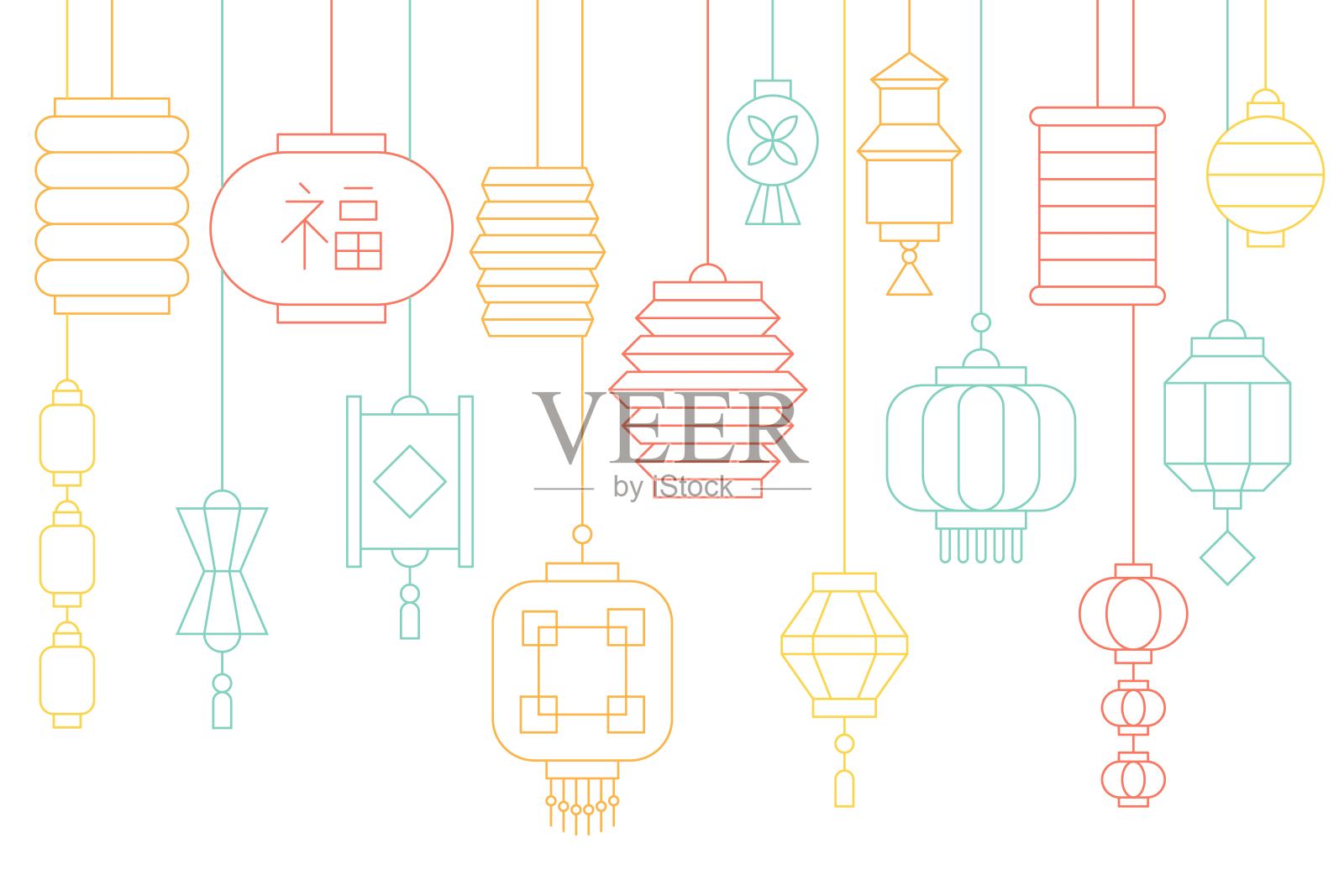 农历新年和中秋节的中国灯笼横幅，细线插图插画图片素材