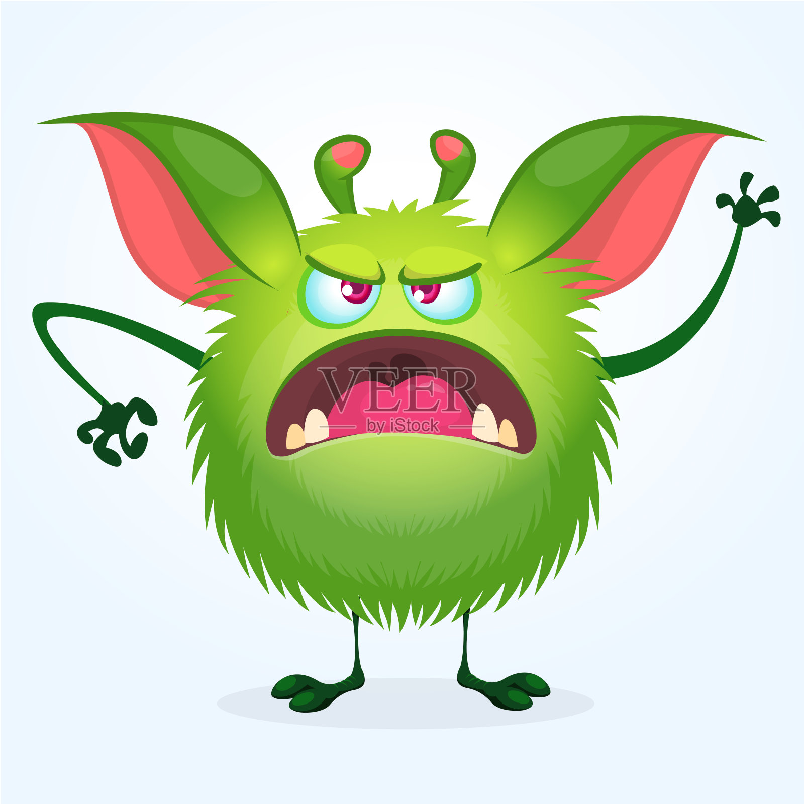 愤怒的卡通绿毛怪物。万圣节的可爱怪物大集合。矢量插图孤立在白色背景插画图片素材