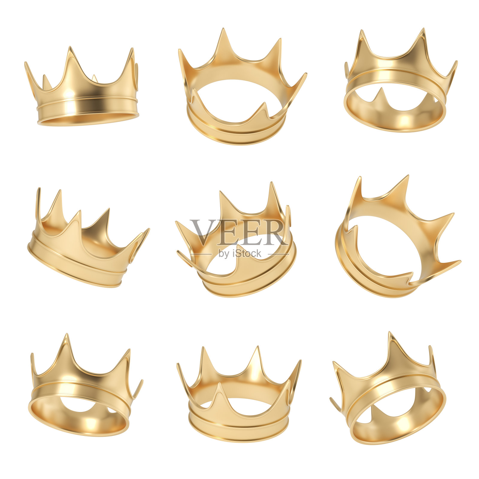 一套由几个金色皇冠在不同角度挂在白色背景上的3d渲染照片摄影图片