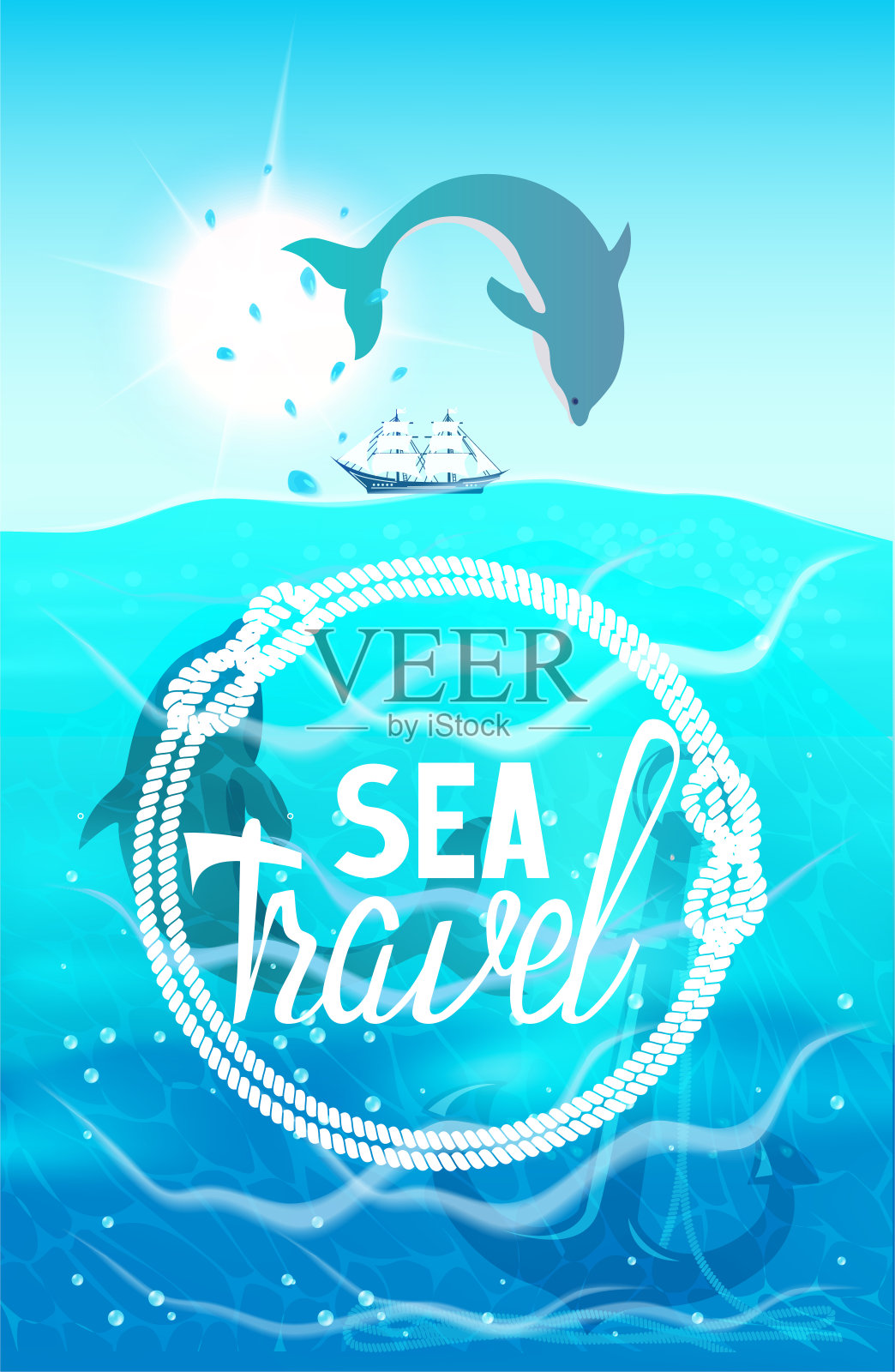 海上旅游海报与海豚，锚，船和海水。矢量图插画图片素材