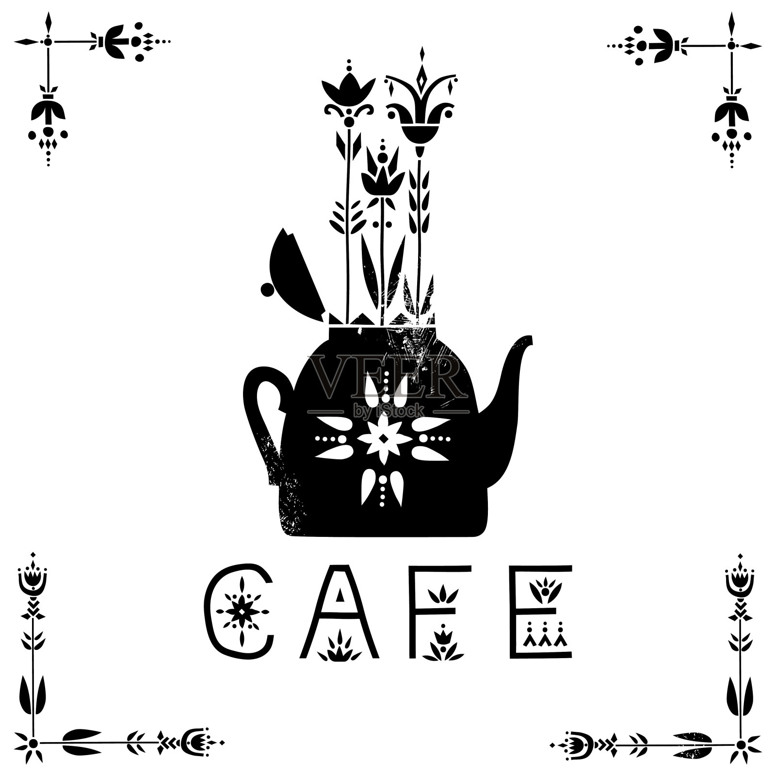 咖啡馆招牌的矢量概念。黑色植物茶壶，具有民族风格。插画图片素材