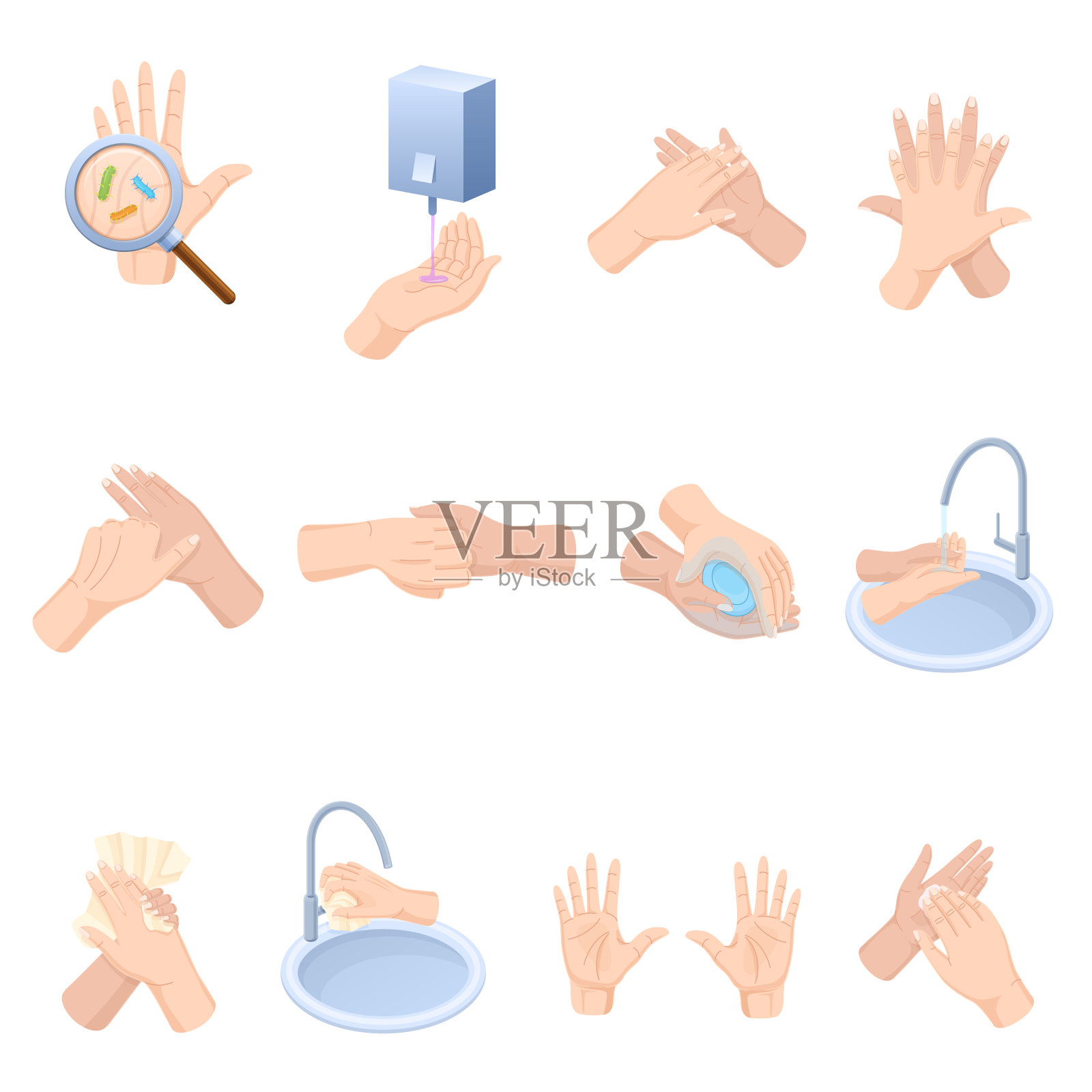 适当护理双手，勤洗手，预防性保养疾病、细菌插画图片素材