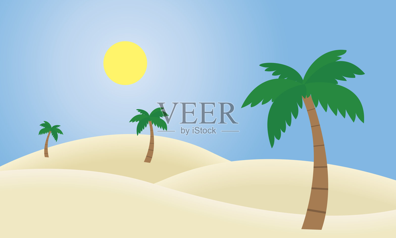 矢量插图的一个沙漠沙丘和棕榈树，在阳光明媚的蓝天下插画图片素材