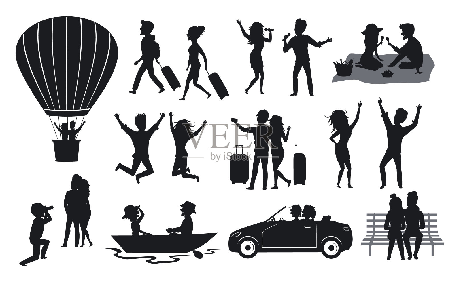 剪影集的男人和女人，夫妇旅行手提箱，在热气球上，唱歌，跳舞，在公园长椅上，野餐，在公路上与汽车，划船，自拍和拍照插画图片素材