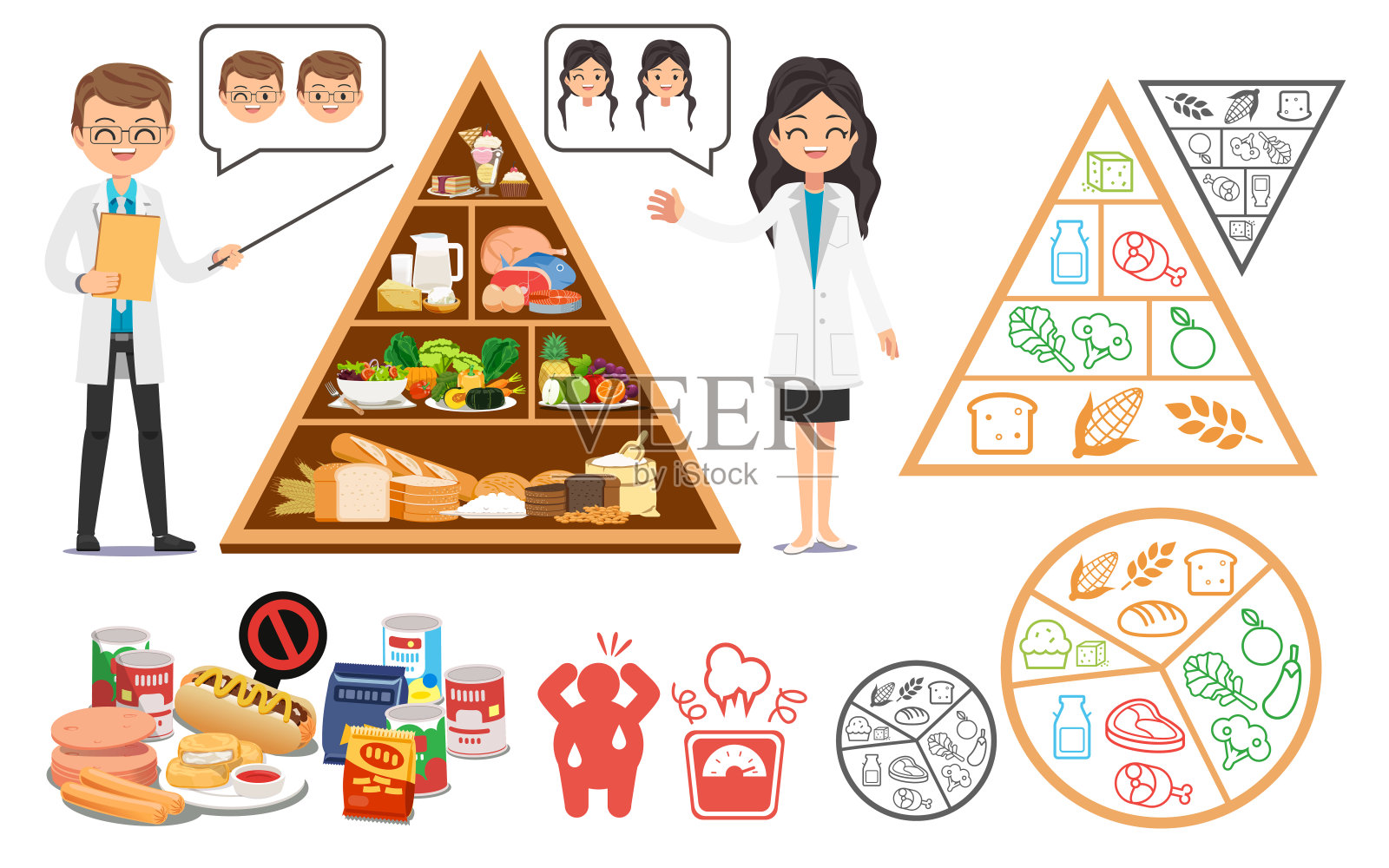 在保健上分配时间以保持身体健康。学习易吃好营养指南。医学和食品。插画图片素材