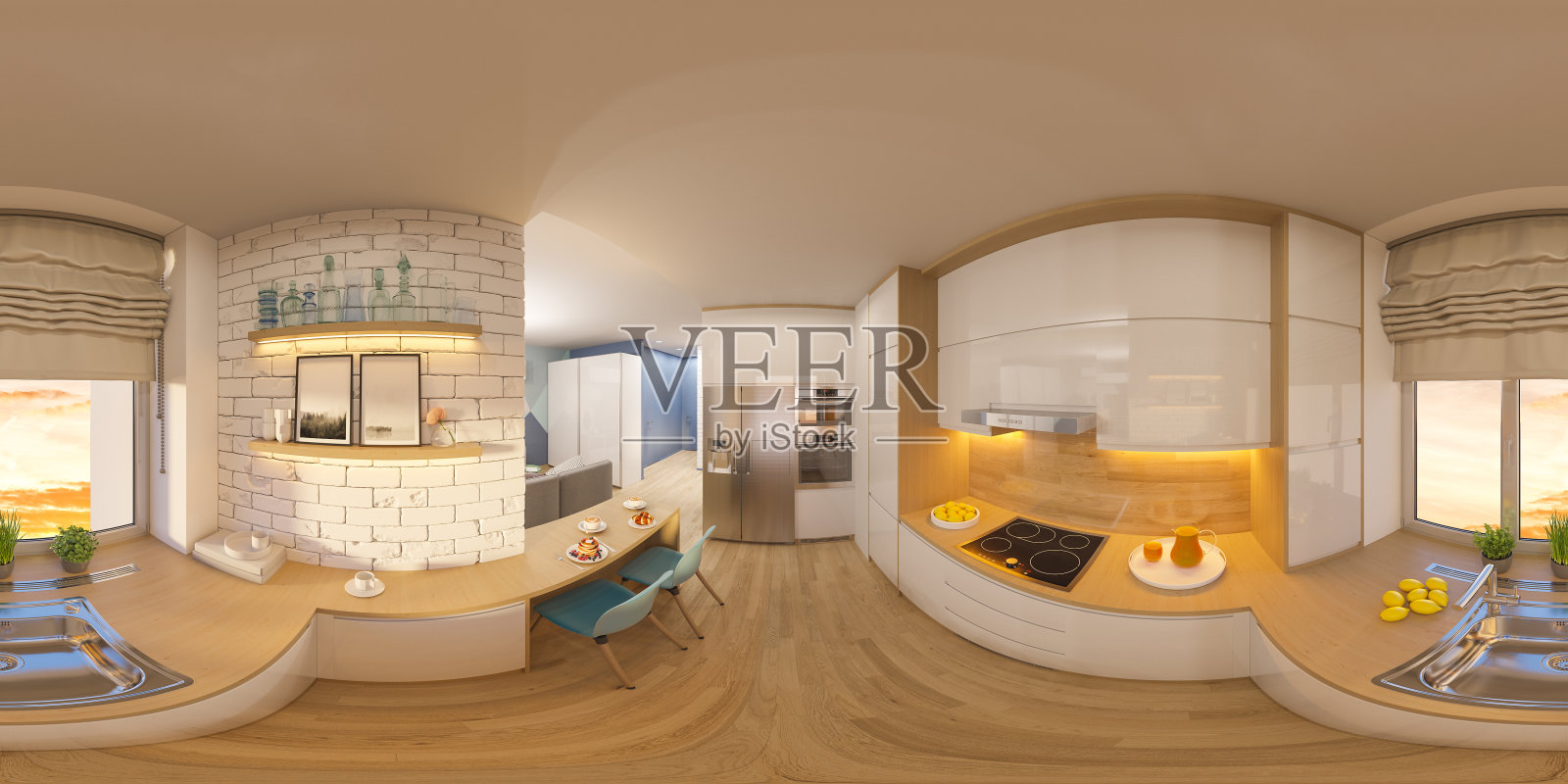 3d插画球形360度，无缝全景客厅和厨房室内设计插画图片素材