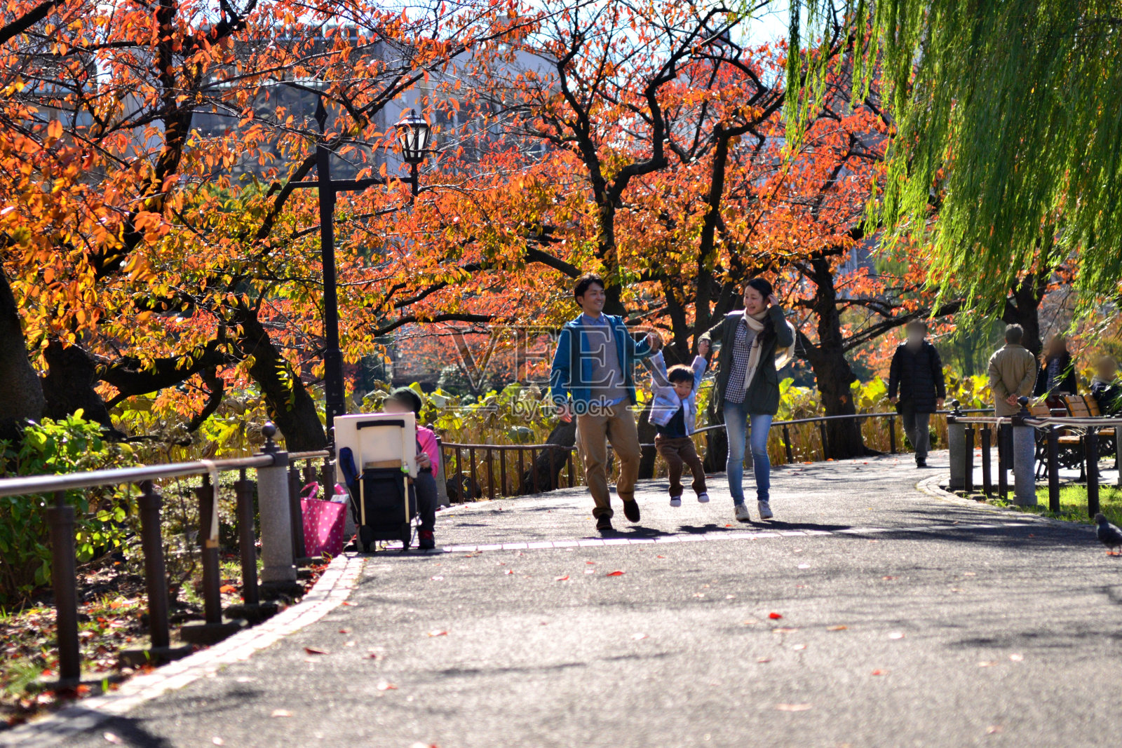 一对日本夫妇和他们的儿子在东京上野公园散步照片摄影图片