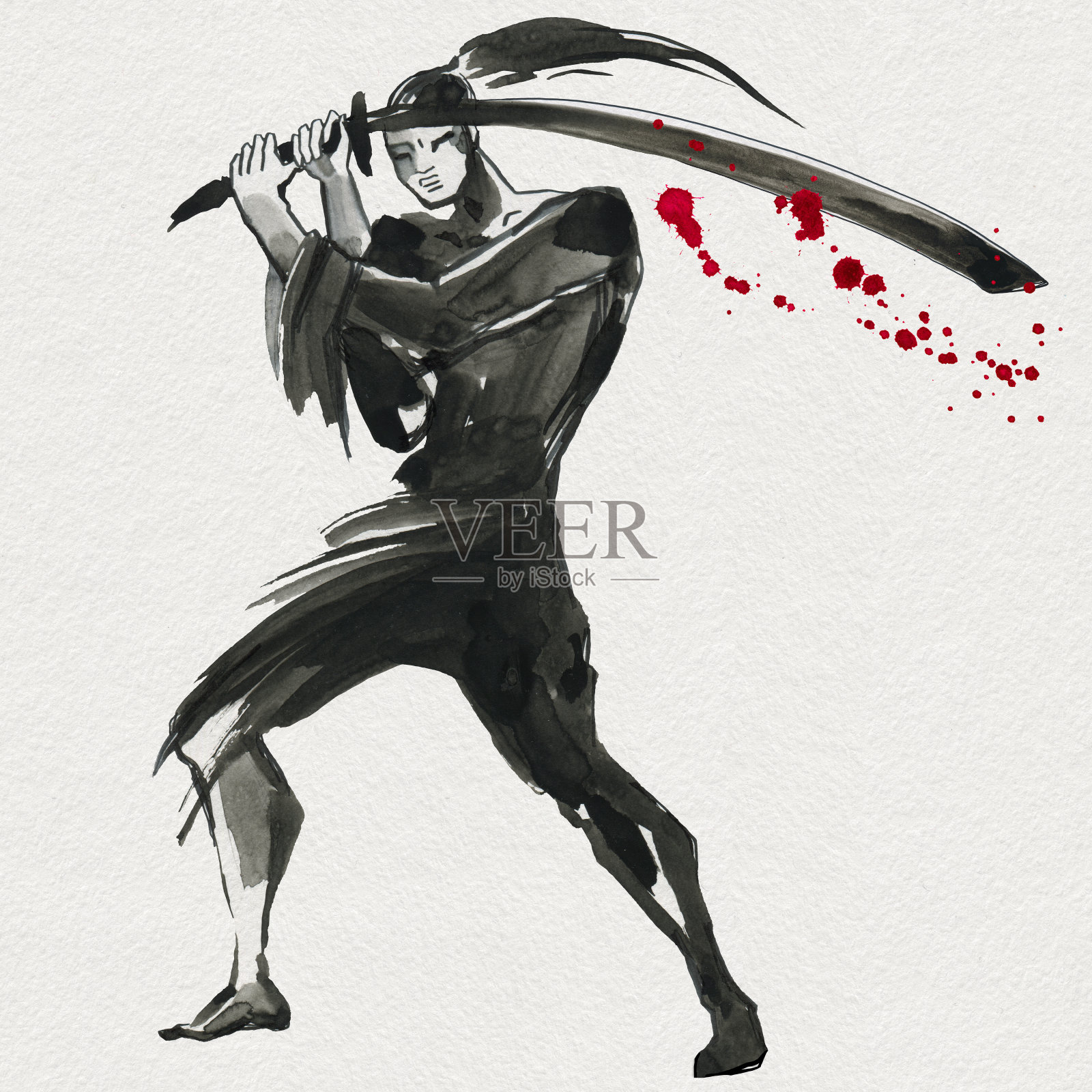 轮廓的武士。中国风格。水彩手绘插画插画图片素材