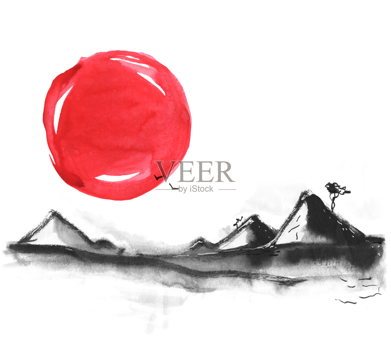 日本风格的山。水彩手绘插画插画图片素材