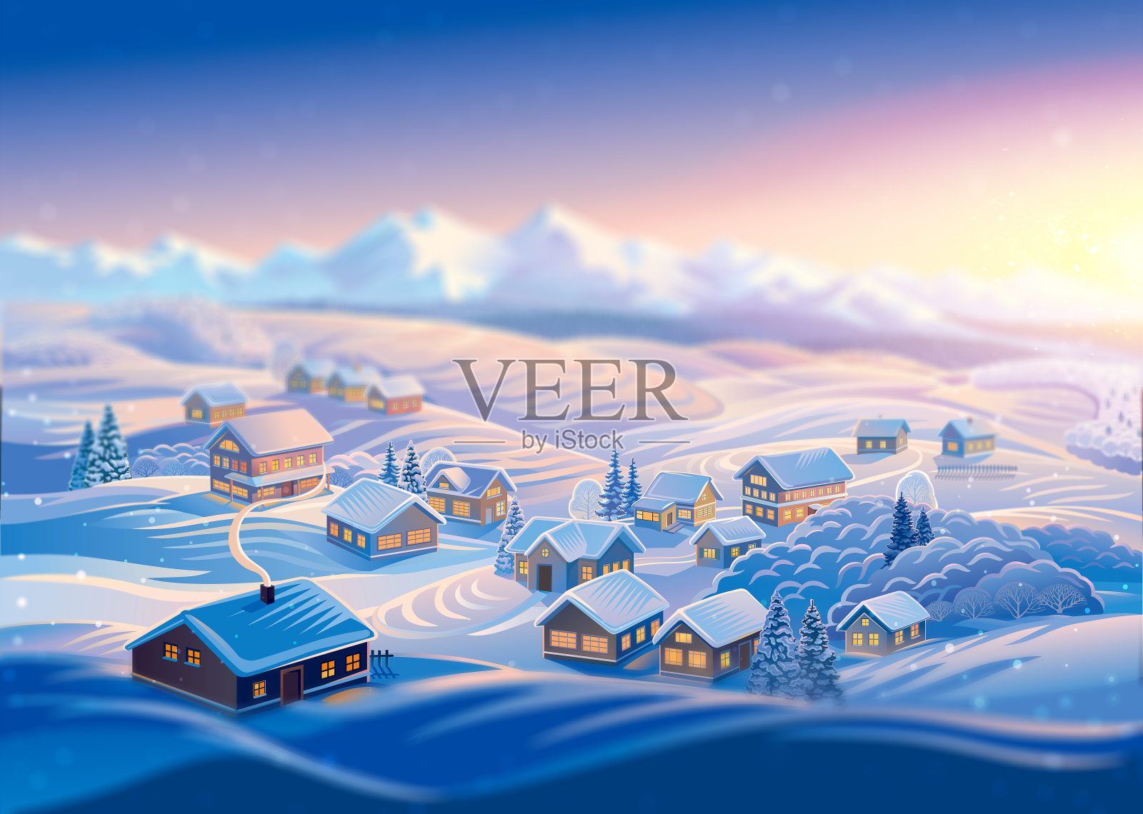 冬季景观与村庄。插画图片素材