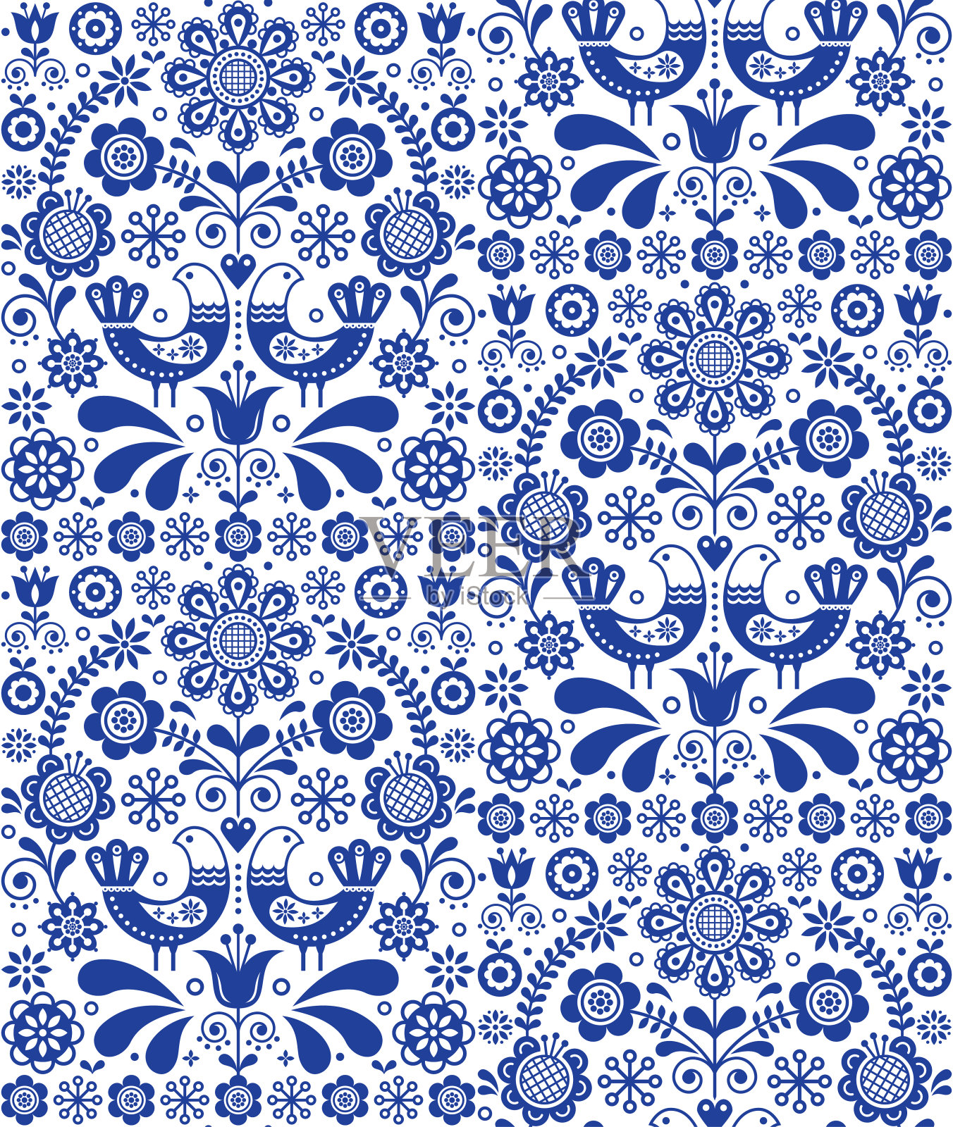 斯堪的纳维亚无缝民间艺术矢量图案，花卉重复的背景与鸟类和花卉，海军蓝点缀插画图片素材