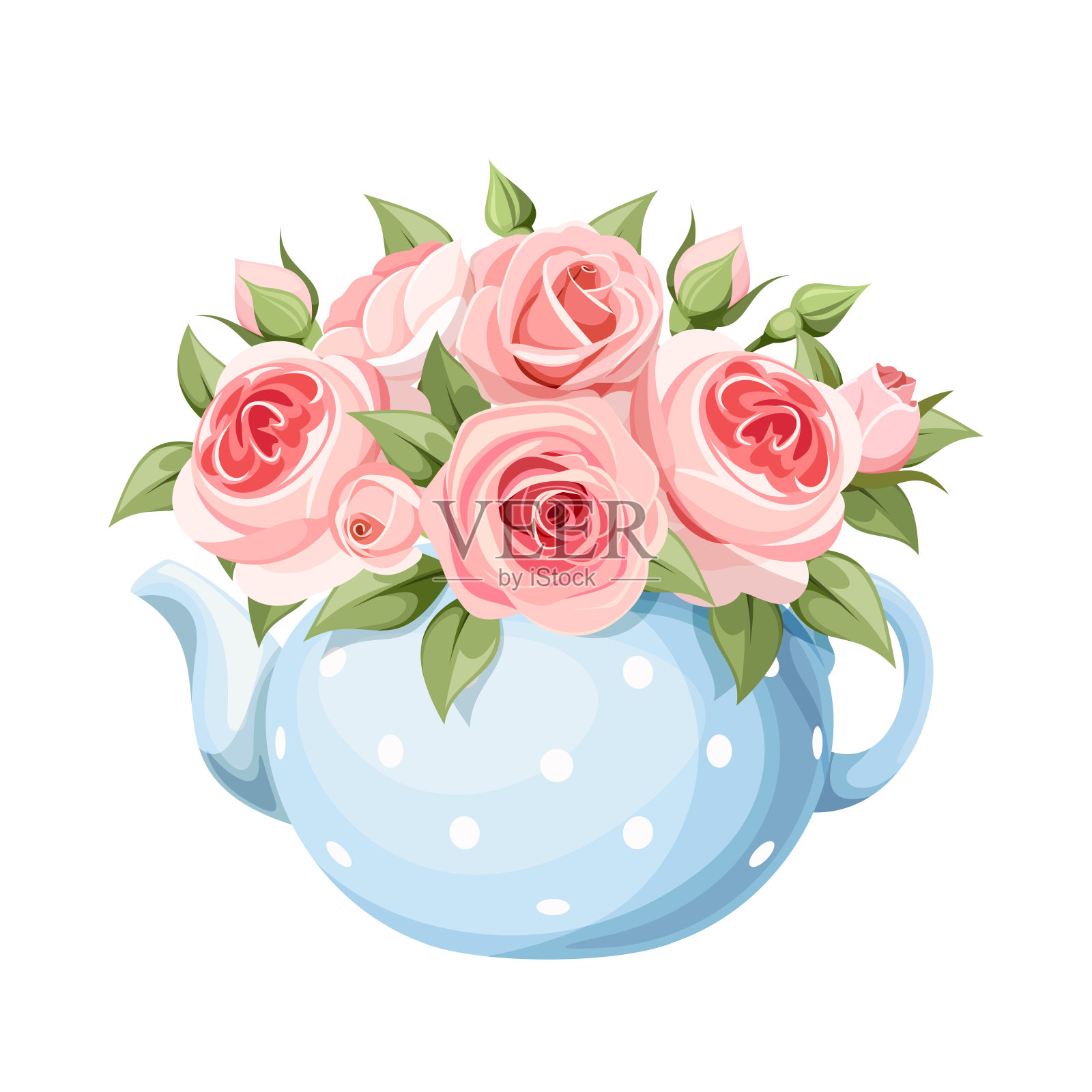 蓝色茶壶里有一束粉色玫瑰。矢量插图。插画图片素材