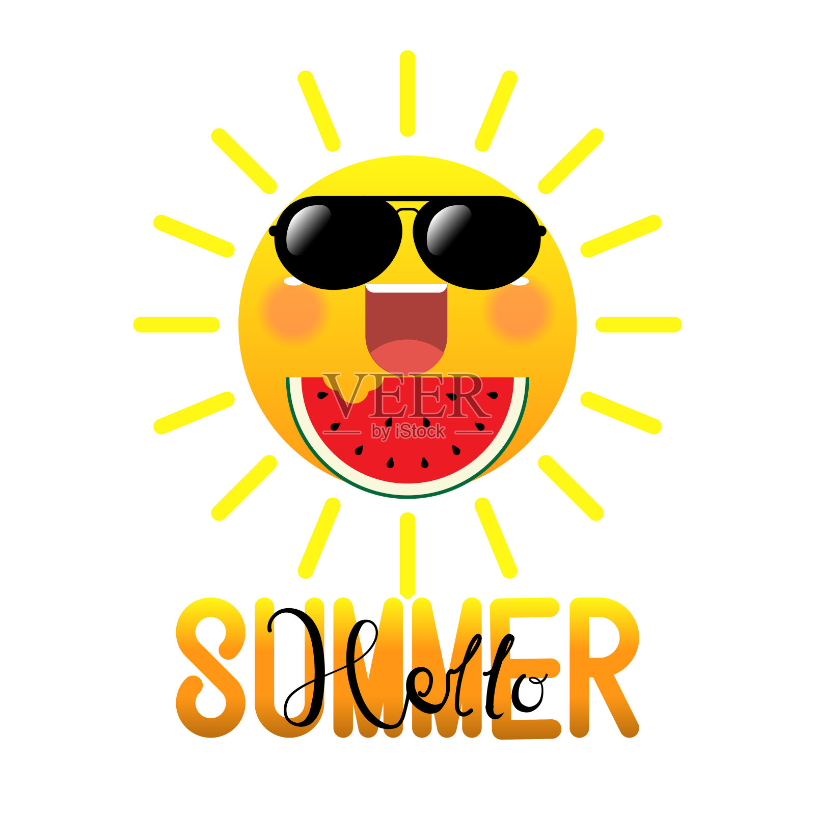 快乐微笑的夏天太阳在太阳镜吃西瓜在白色的背景与文字你好夏天。插画图片素材